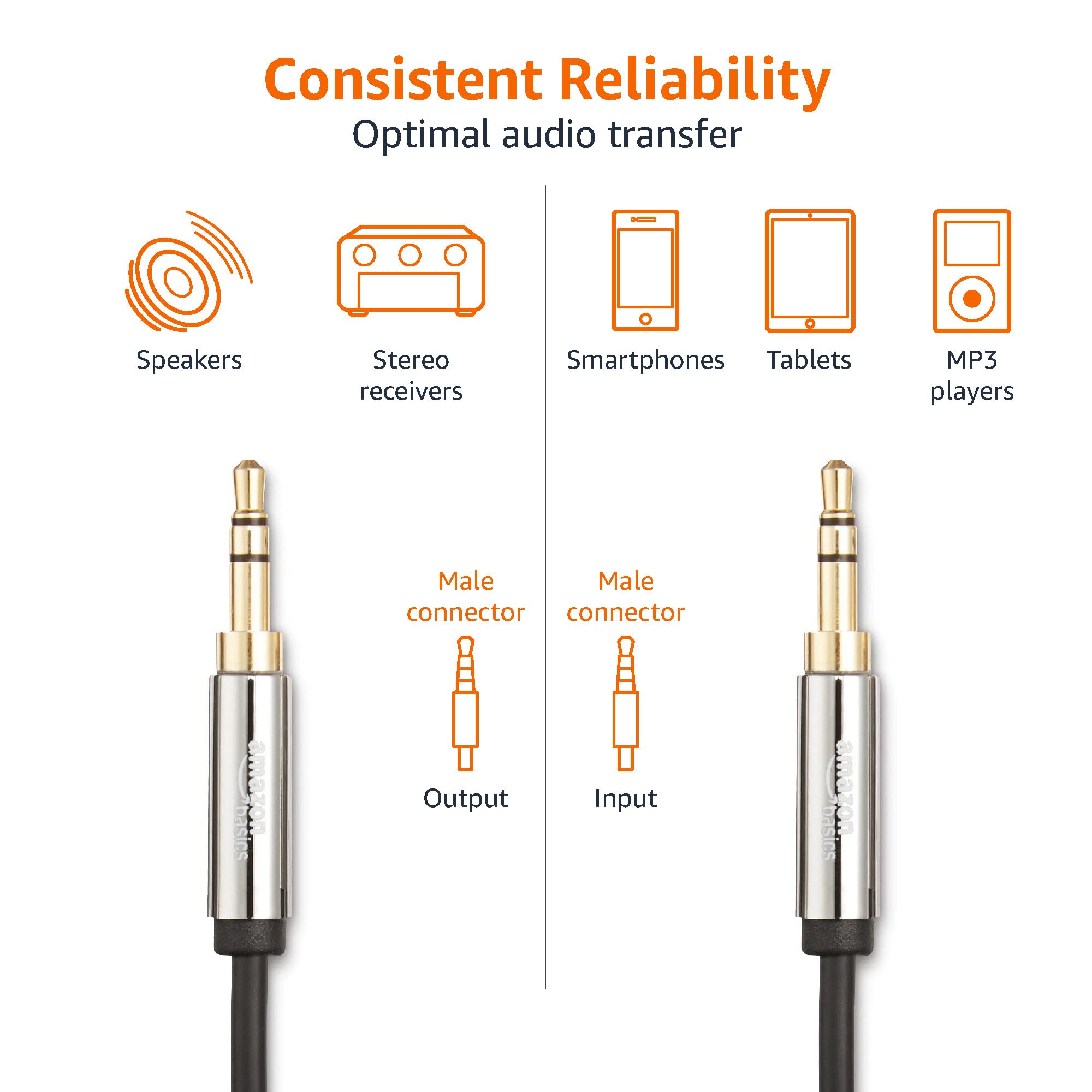Amazon Basics - Cable auxiliar de audio estéreo macho a macho de 3,5 mm, 4 pies, 1,2 metros, paquete de 2