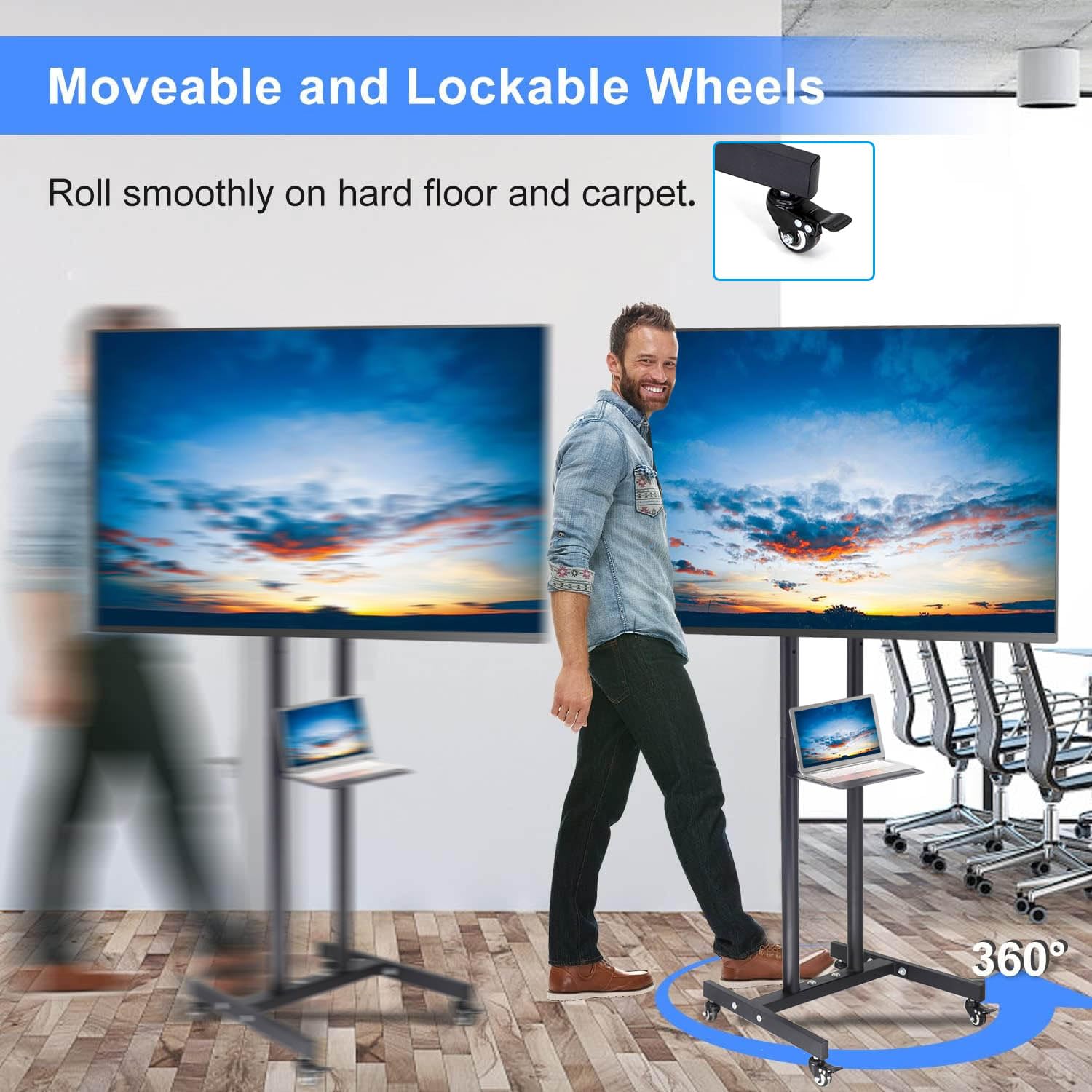 LETTURE Soporte TV Móvil con Ruedas para 32-55 Pulgadas LCD LED, Soporte TV Pie Ajustable en Altura con Estante, Carro TV Suelo Alto Portátil, MAX 25kg VESA 400x400mm