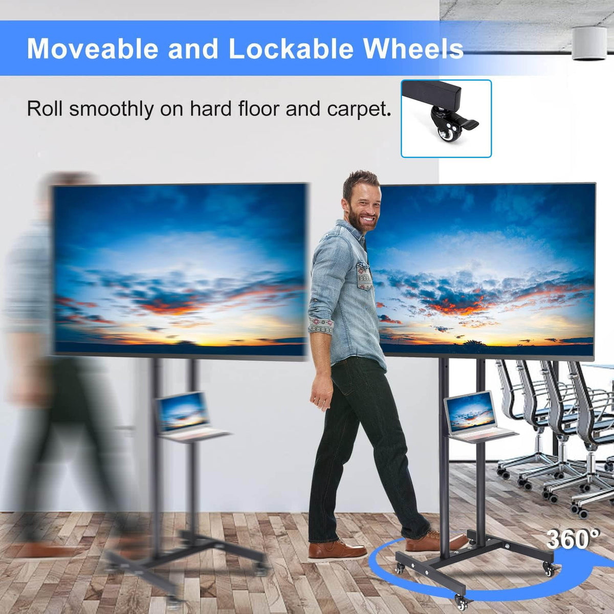 LETTURE Soporte TV Móvil con Ruedas para 32-55 Pulgadas LCD LED, Soporte TV Pie Ajustable en Altura con Estante, Carro TV Suelo Alto Portátil, MAX 25kg VESA 400x400mm