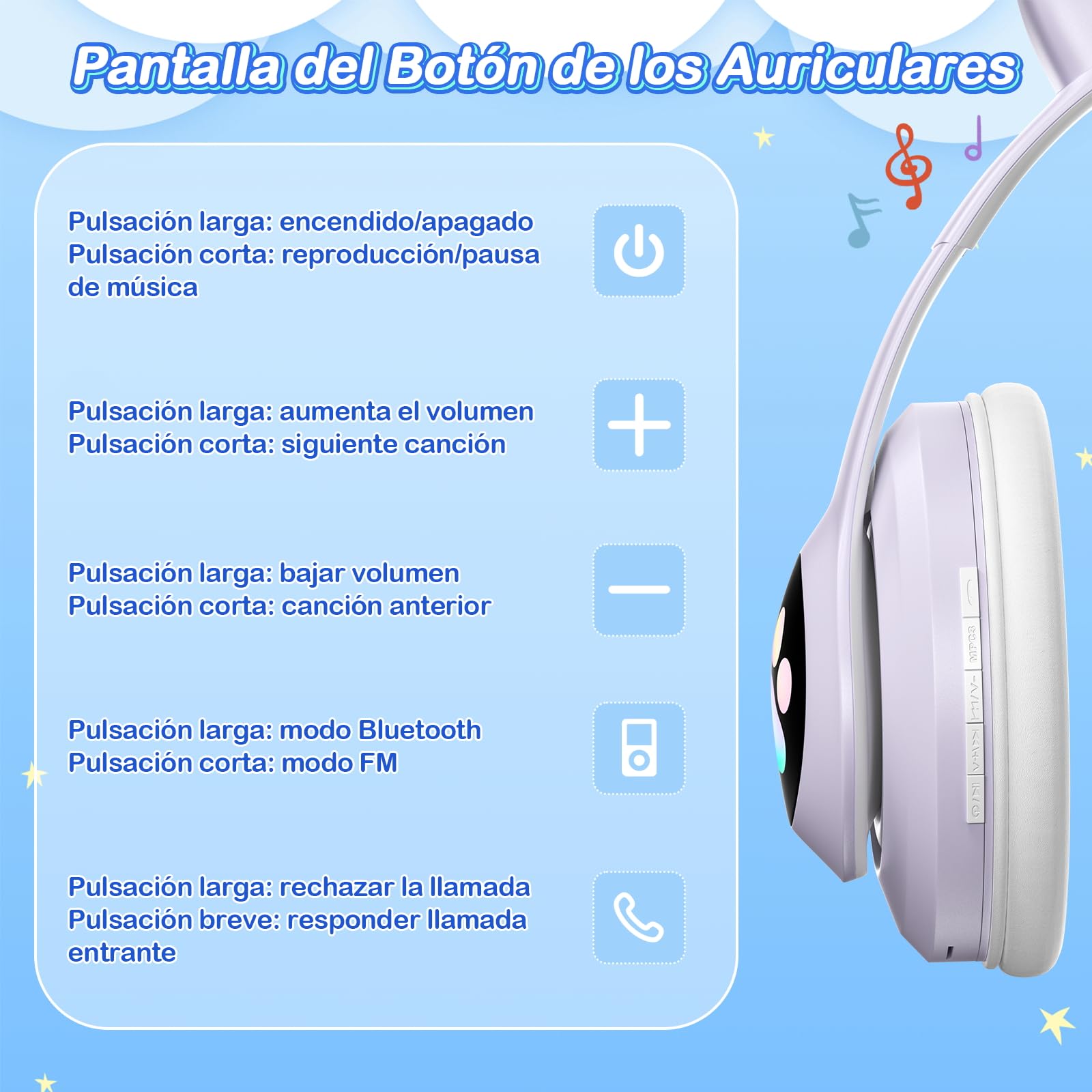 ZQSQD Audifonos Inalambricos para Niños, Auriculares Bluetooth con Luz LED y Micrófono, Auriculares Plegables con Forma de Garra de Gato, Audífonos para Niña, Apto para Tablets, Móviles, Etc (Púrpura)