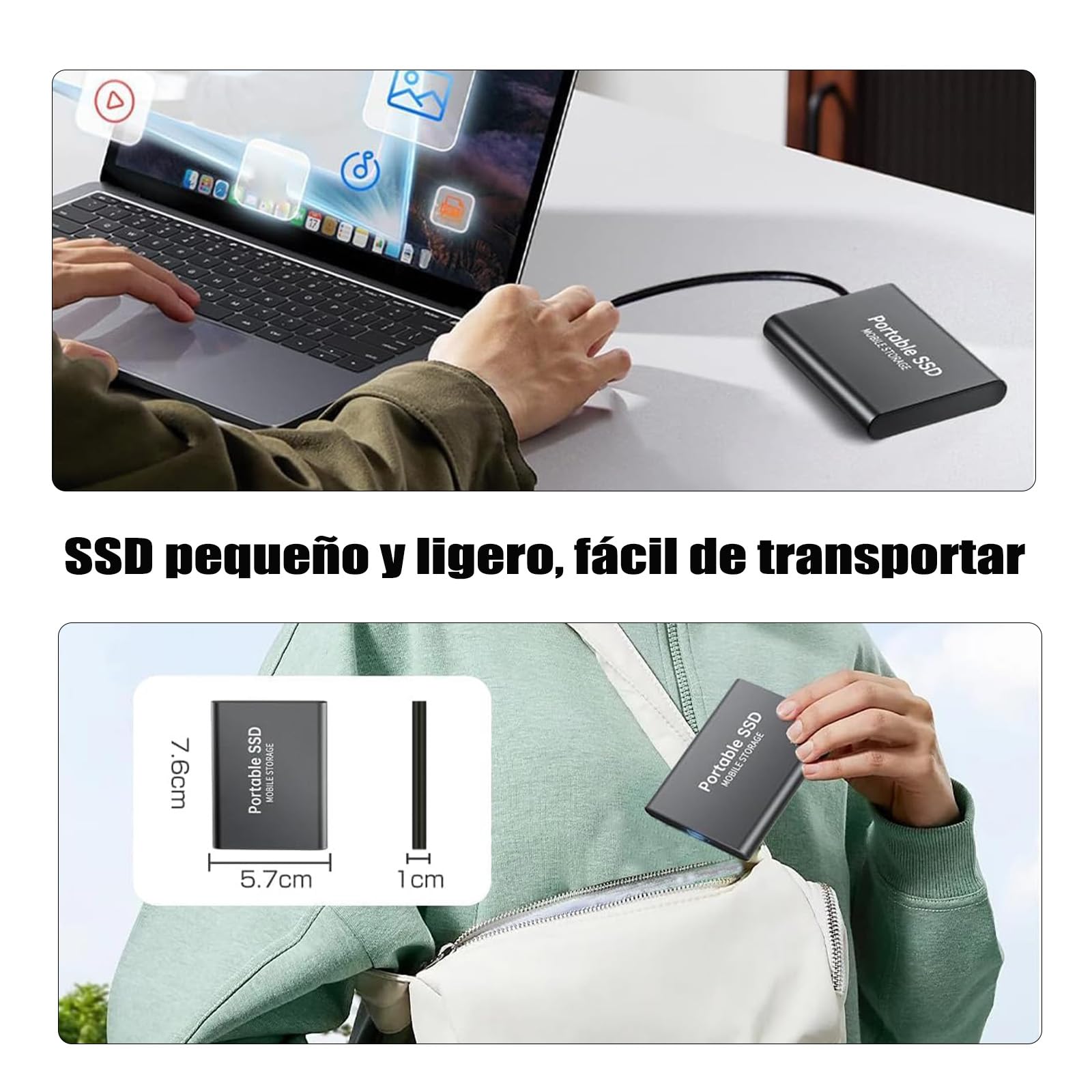 YEVDCVZX Disco Duro Externo 2 TB ssd,Memoria Externa con Cable USB 3.1 y Adaptador para Celulares,Alta Velocidad de Almacenamiento de Dato,Compatible con Portátil,Smartphone,Mac y PC (Plata, 2, TB)
