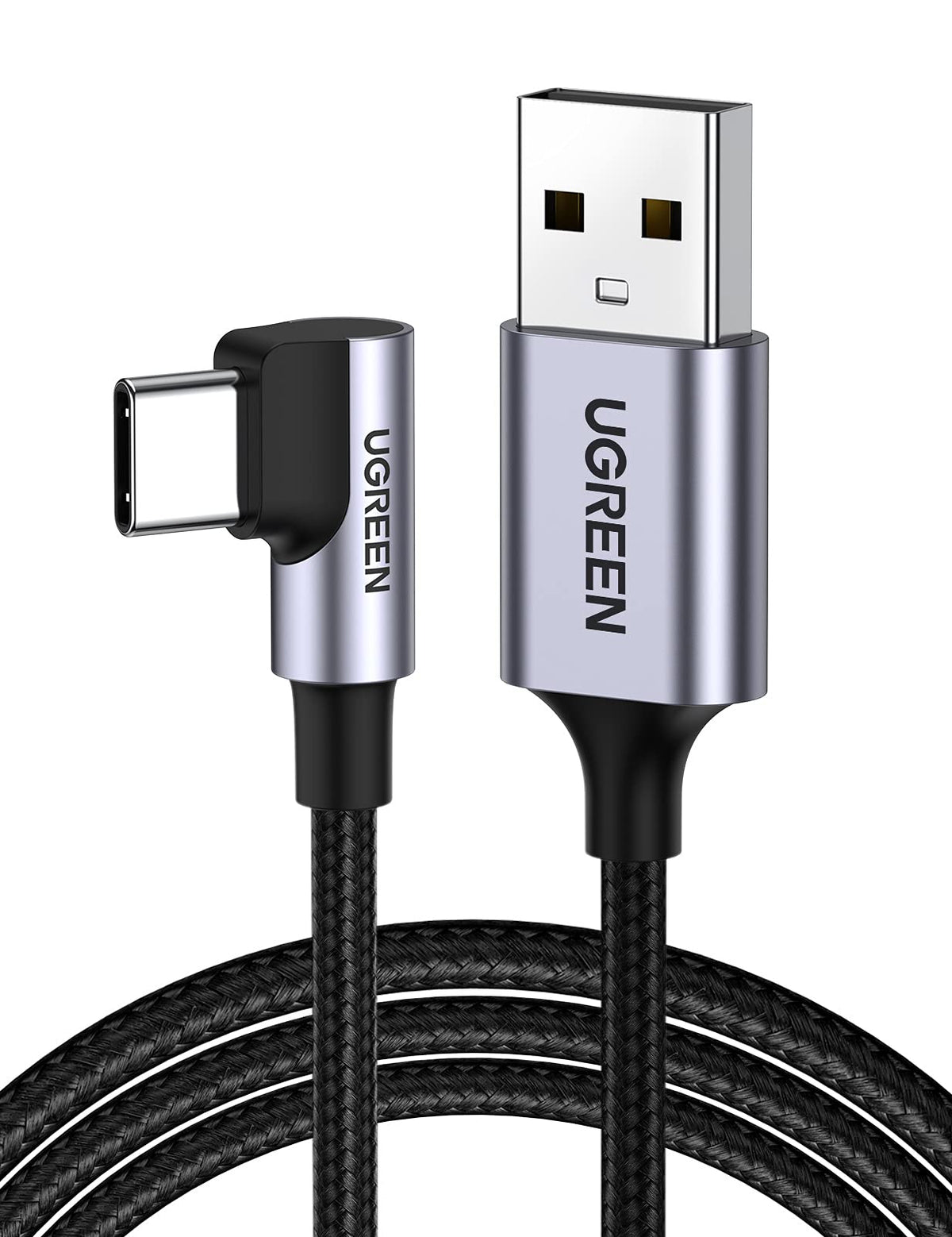 UGREEN Cable USB Tipo C 90 Grados, Codo Nylon Trenzado Carga Rápida Compatible con iPhone 16 15 Pro Max Plus, Galaxy S25 S24 S23 Note 20, Xiaomi, Huawei P10, LG, 2M