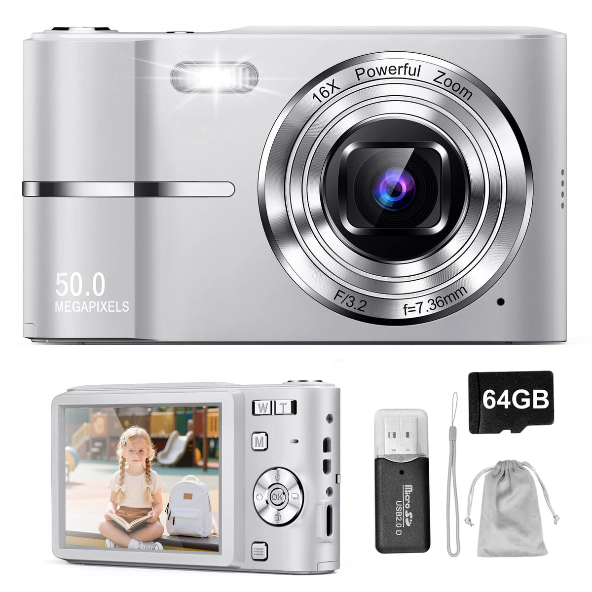 SUWENIC Cámara Digital, Camaras Fotografíacas, Digital Camara Vintage HD 1080P 50MP, Cámara de Video con Tarjeta 64GB, Enfoque Automático con Zoom 16X, 2.5'' Mini Camara para Niños y Niñas Plateado