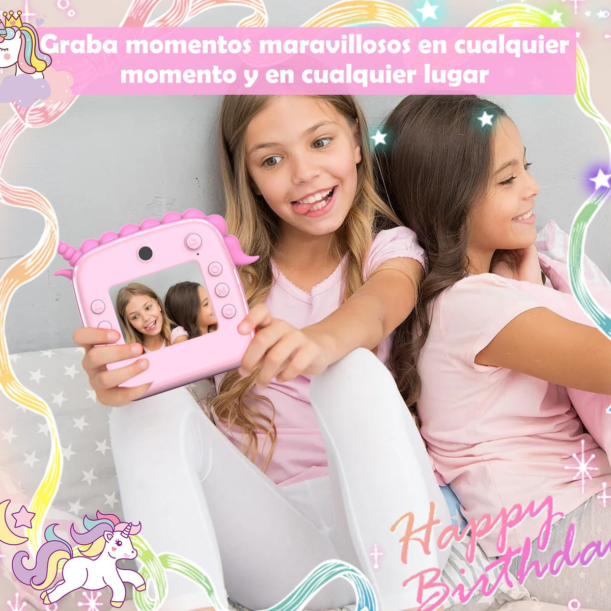 HDMSYD Camara Fotos Infantil Instantanea, Cámara Infantil de impresión instantánea HD 1080P,Pantalla Ocular de 2.4 Pulgadas,con Tarjeta 32G y 2 Rollos de Papel térmico,El Mejor Regalo para niños.