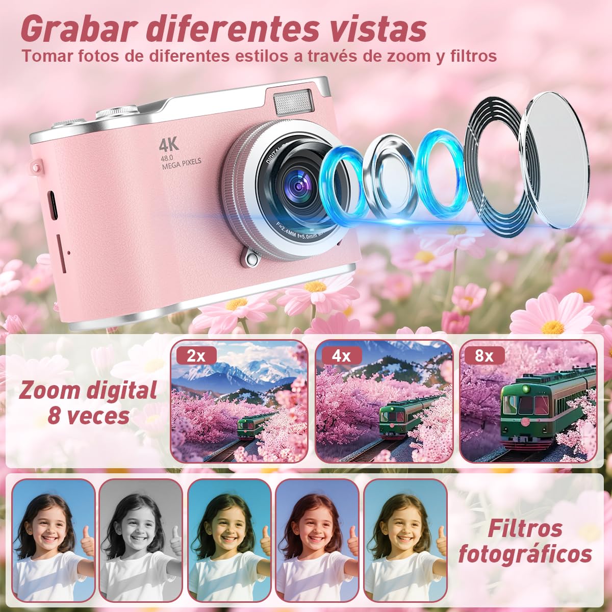 Cámara Digital 4K, Cámara Compacta HD 1080P 48MP，con Zoom de 8X, Enfoque Automático, Tarjeta de 32 GB, Pantalla Abatible de 2,4 Pulgadas,Adecuada para Estudiantes, Fotografía de Viajes y Vlogs (Rosa)
