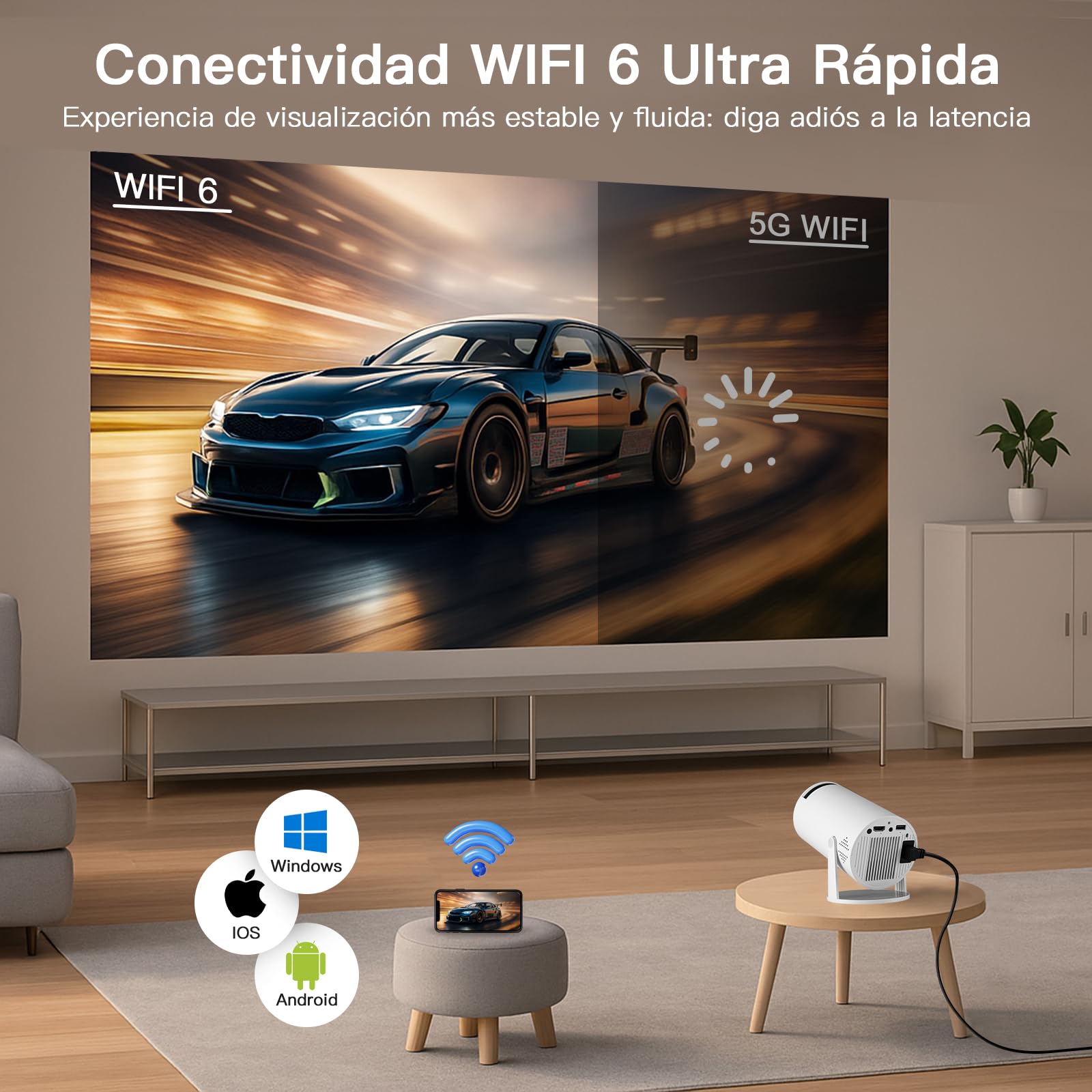 Proyector 4k, Mini Proyector Portatil con Android, Proyectores Inteligente 250 ANSI con WiFi 6 y BT 5.4, Auto Keystone, Pantalla de 200", Giro de 270°, Compatible con HDMI/iOS/Phone/PC/PS【HY300 PRO】