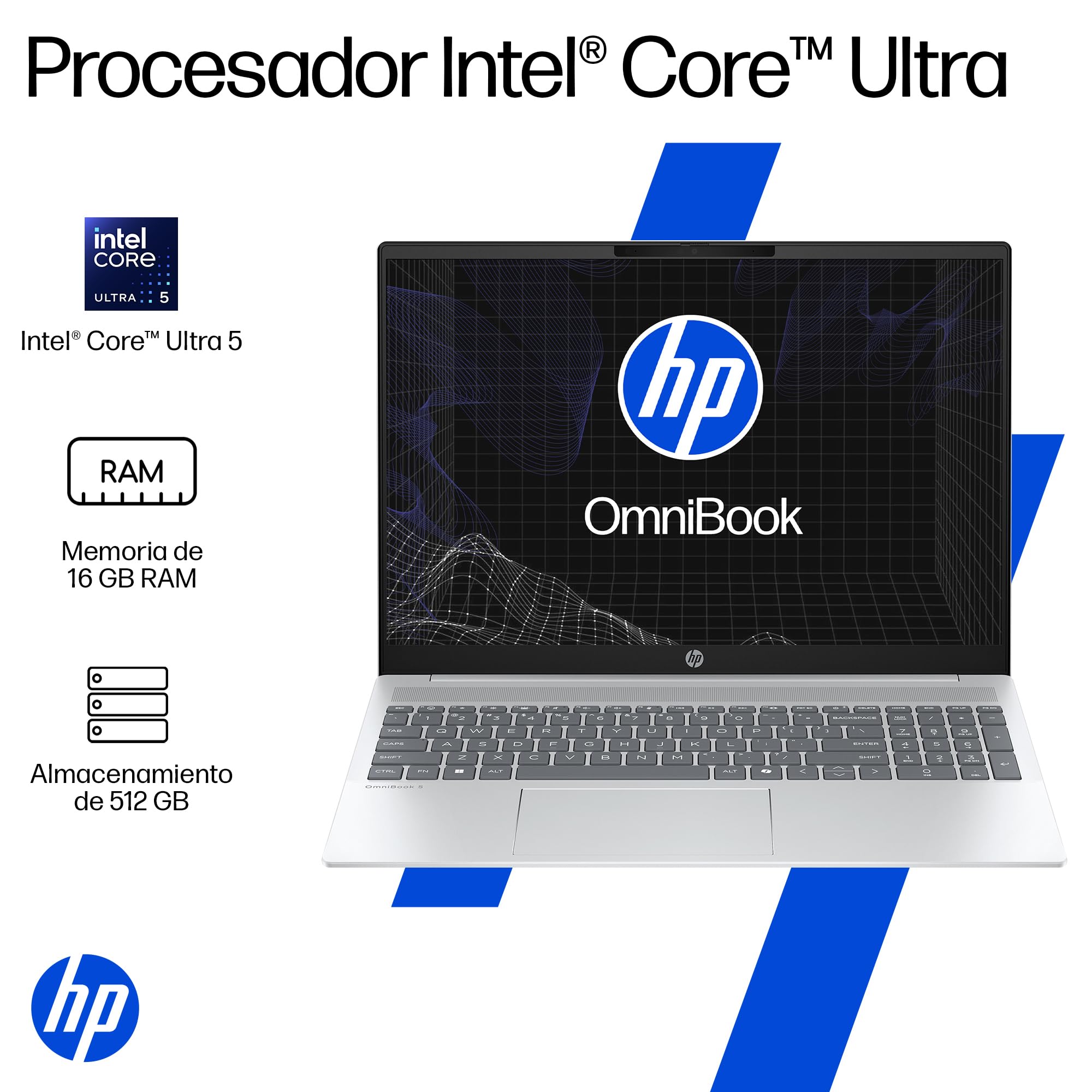HP Laptop OmniBook 5 AI 16-af1053la, Intel Core Ultra 5, 16GB RAM, 512 GB SSD, 16", Pantalla OLED 2K (1920x1200), Windows 11 Home, Garantía México, Plata