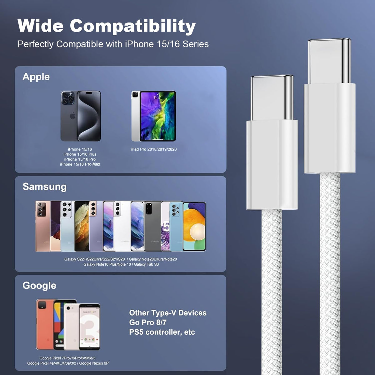 Cable USB C a USB C 1M, Cable Original para Serie iPhone 16/15, 60W Cable Tipo C a USB C Carga Rapida 20V 3A, Compatible con Samsung Galaxy, Macbook Pro, MacBook Air, iPad Pro, Google Pixel