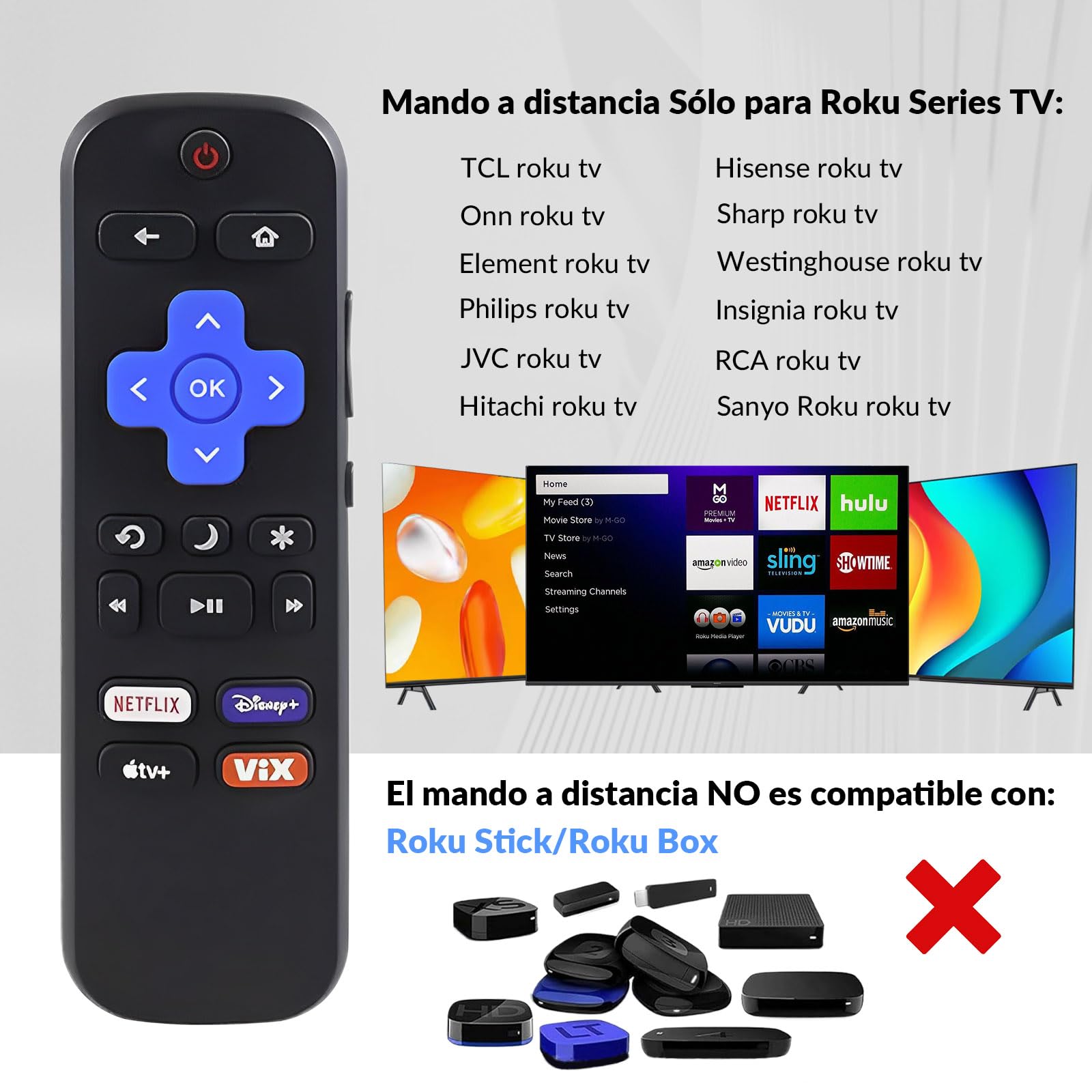 DOMOKO Control Remoto Compatible con Roku TV TCL Hisense ONN Hitachi Element Westinghouse Philips JVC TVs con Cuatro Teclas de Acceso Rápido