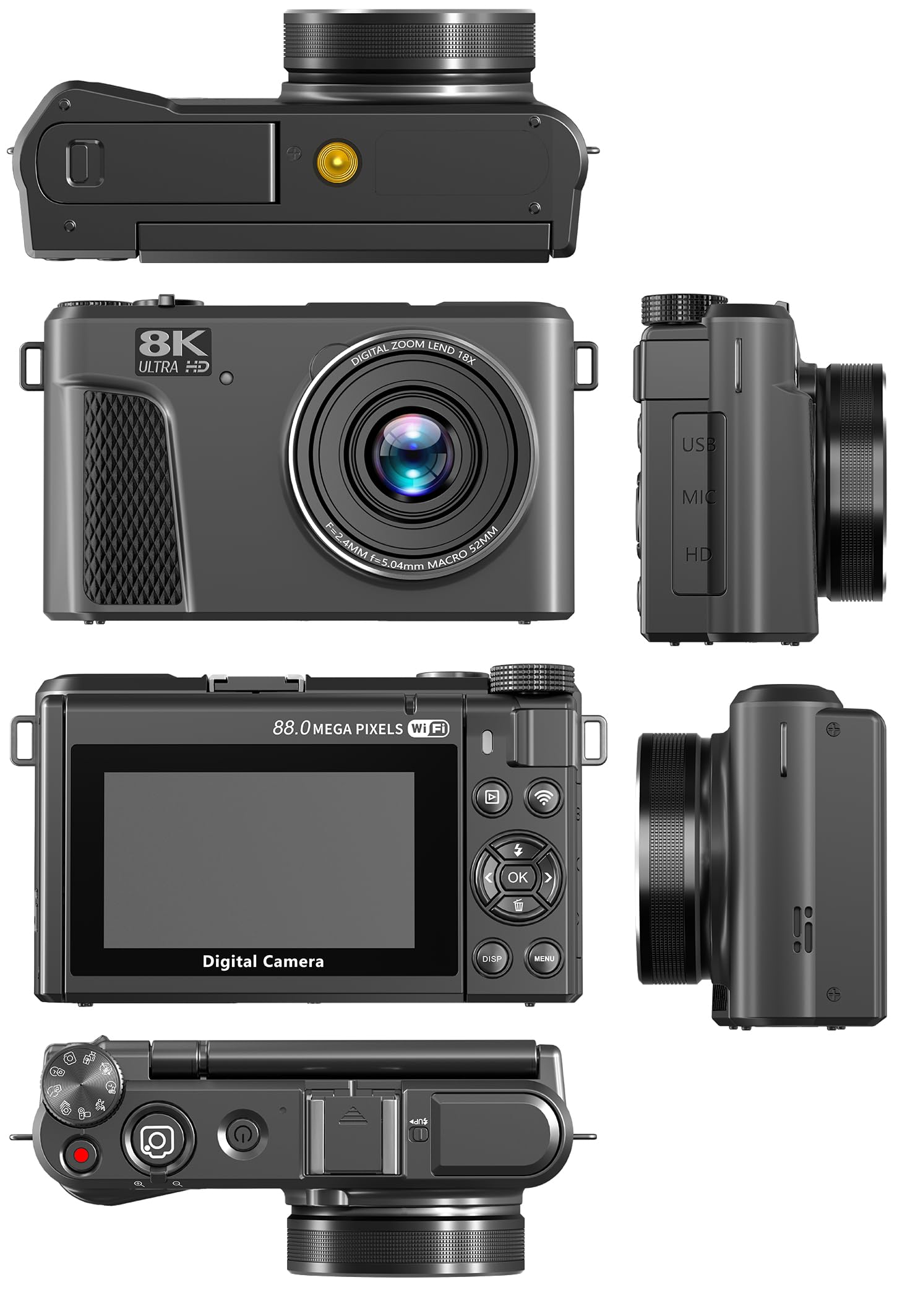 Zunate Cámara Digital de 8k para Fotografía, Cámara de Vlogging WiFi de 88MP, Cámara de Video de Enfoque Automático UHD 3in180 ° Pantalla con Zoom Digital 18x, No Incluye Tarjeta de Memoria.