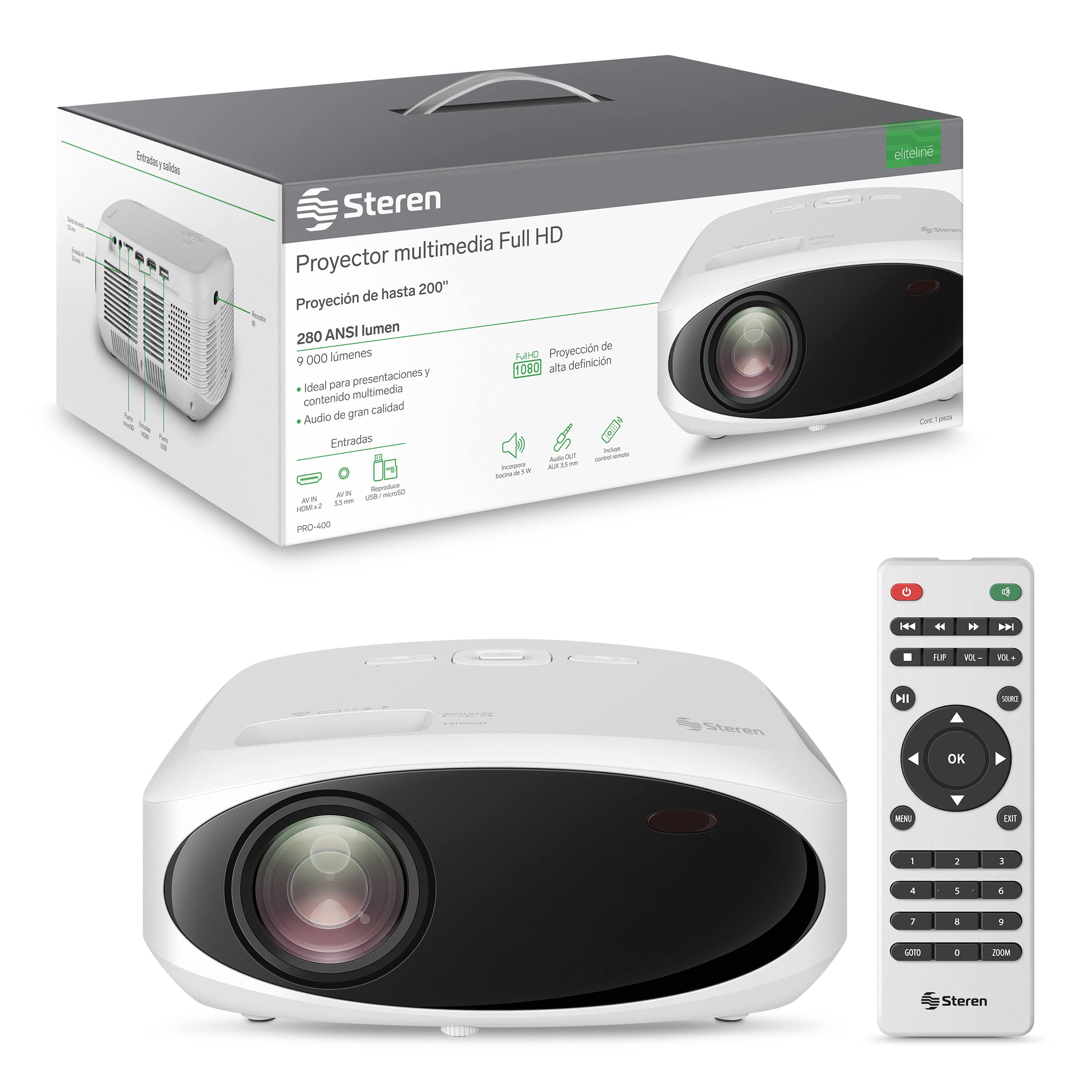 STEREN PRO-400 Proyector Multimedia Full HD de 9 000 lúmenes 280 ANSI Lumen portátil, proyección hasta 200”, con Control Remoto, 2 entradas HDMI, 1 Entrada AV 3,5 mm, 1 Entrada USB,1 Entrada microSD