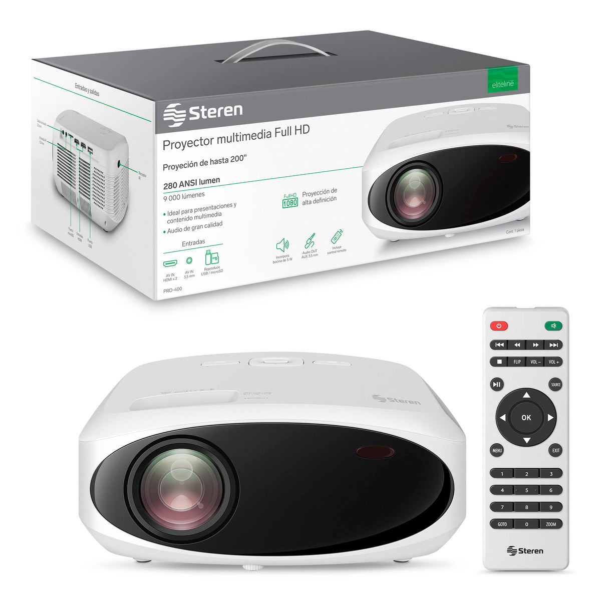 STEREN PRO-400 Proyector Multimedia Full HD de 9 000 lúmenes 280 ANSI Lumen portátil, proyección hasta 200”, con Control Remoto, 2 entradas HDMI, 1 Entrada AV 3,5 mm, 1 Entrada USB,1 Entrada microSD
