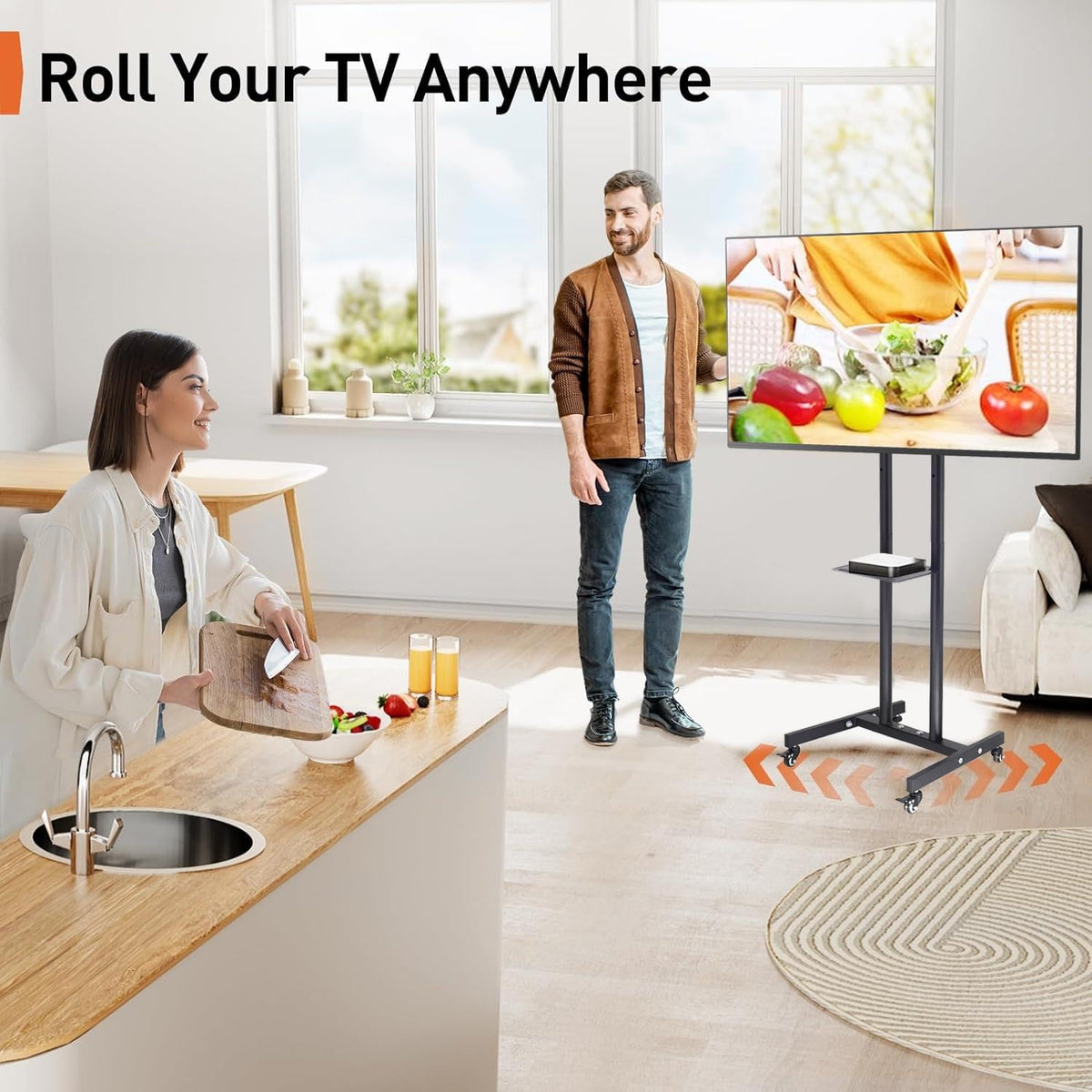 LETTURE Soporte TV Móvil con Ruedas para 32-55 Pulgadas LCD LED, Soporte TV Pie Ajustable en Altura con Estante, Carro TV Suelo Alto Portátil, MAX 25kg VESA 400x400mm
