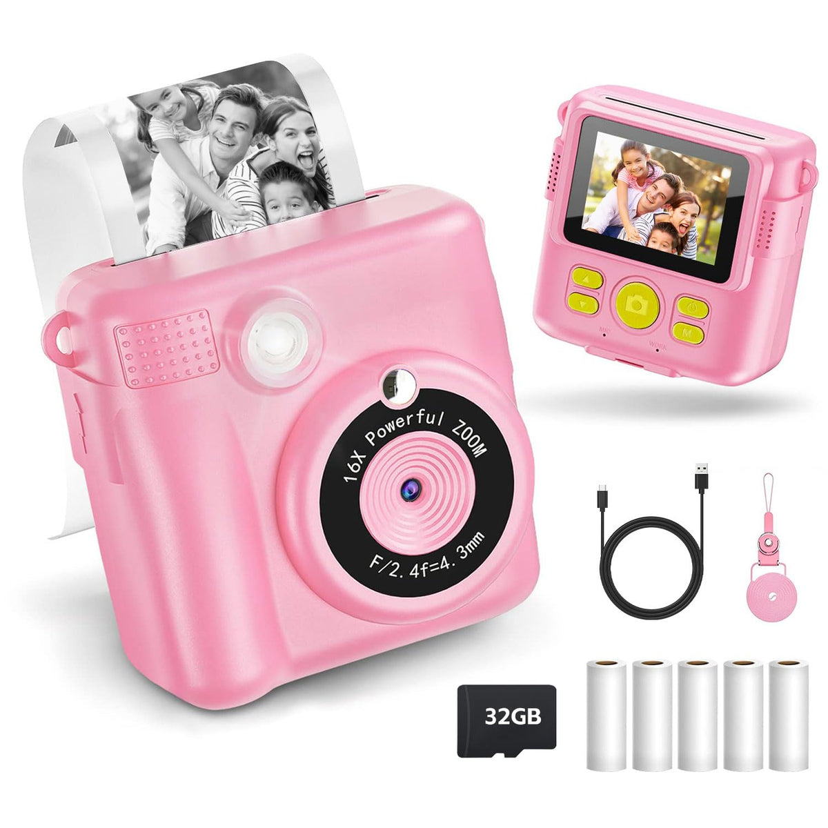 AWCBBT Cámara Instantánea para Niños de 1080P,Camara Fotografica Instanea,Camara Infantiles para Niñas con Tarjeta SD de 32 GB y 5 Vols Papel de Impresión,Cordón de Mano,Cable de Datos USBC(Rosa)
