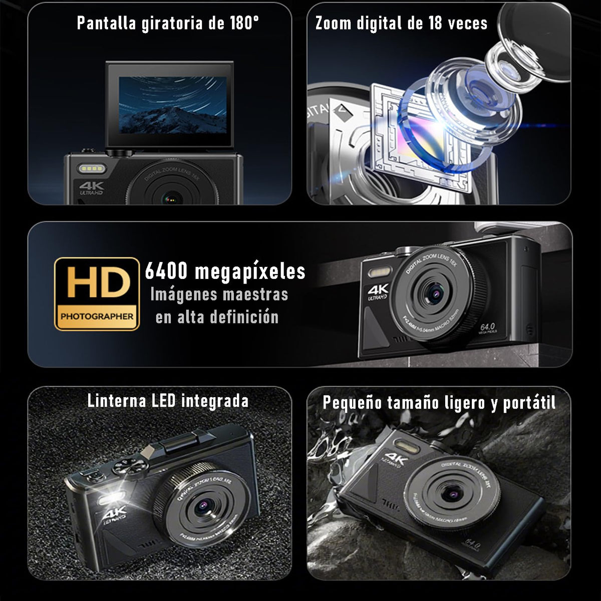 Cámara Digital de 64 MP, Pantalla de 3 Pulgadas, Vídeo 4K, Zoom 18X, Detección de Rostros, Estabilización, Lapso de Tiempo, Cámara Lenta, Recargable, Transmisión en Vivo para