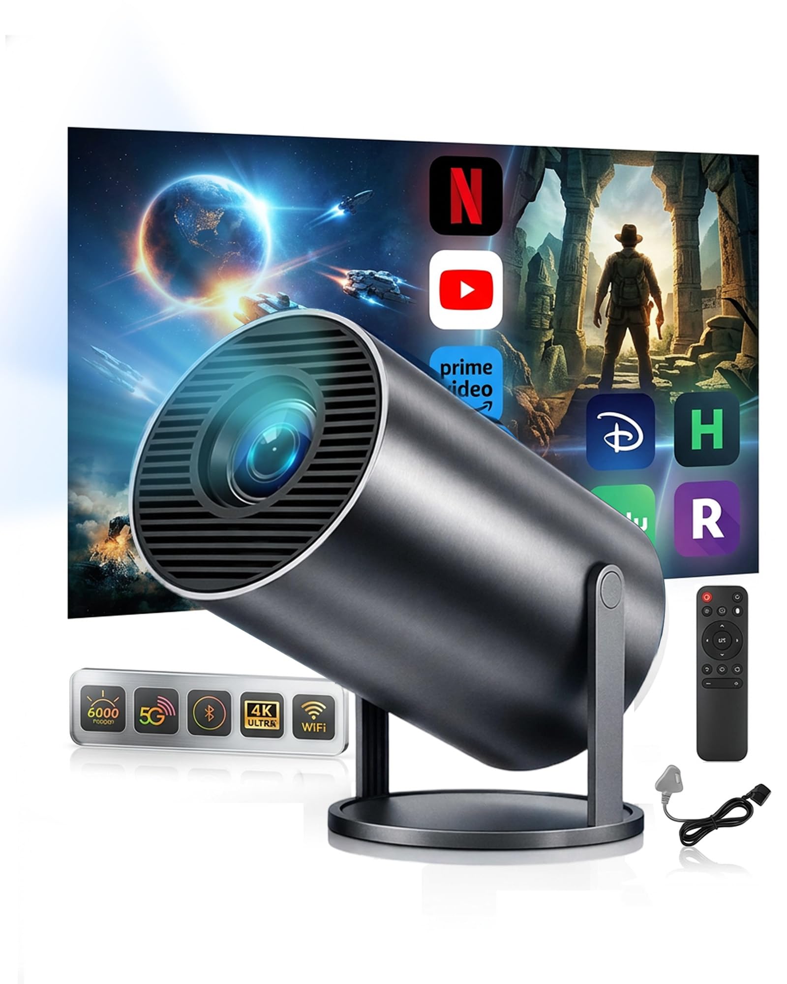 Mini Proyector Portatil 2026,Proyector 4K, Auto Keystone,Pantalla de 150”,250ANSI/10000 lúmenes,WiFi 6 con 2.4/5GHz,Bluetooth 5.4,Giro de 180 Grados,Compatible con iOS/Android/PC/PS4/PS5 (Negro)