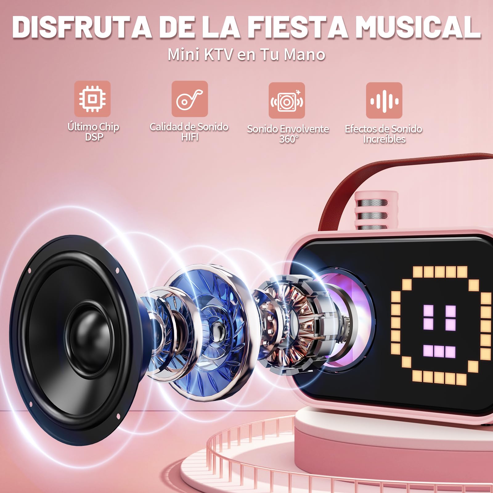 JYX D58 Máquina de Karaoke para Niños y Adultos, Mini Altavoz Portátil de Karaoke Bluetooth con 2 Micrófonos Inalámbricos (Rosa)