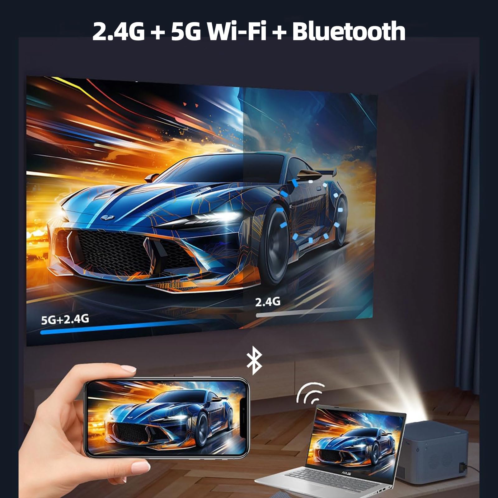 BOJOOM Mini Proyector Portátil 4K con 2 Mandos de Juego Inalámbricos, Tarjeta SD de 64GB con 2000+ Juegos y 14 Emuladores, Compatible con HDMI/USB/Smart TV/Phone, para Hogar/Fiesta/Exterior