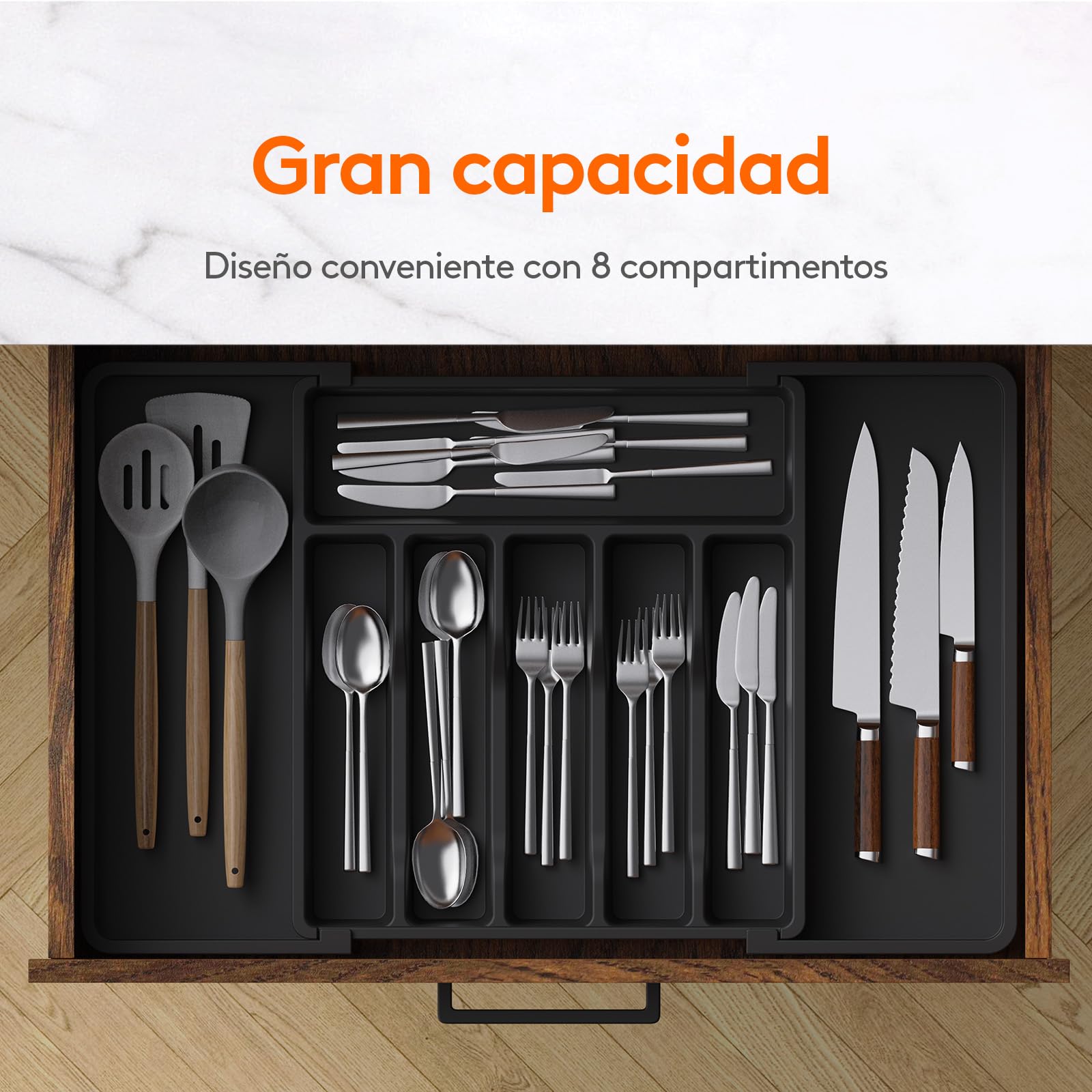 Lifewit Organizador de Cubiertos, Bandeja para Cubiertos Extensible, Cubertero para Cajón para Menaje, Organizador de Cubertería Ajustable y Compacto para Cucharas Tenedores Cuchillos, Grande, Negro