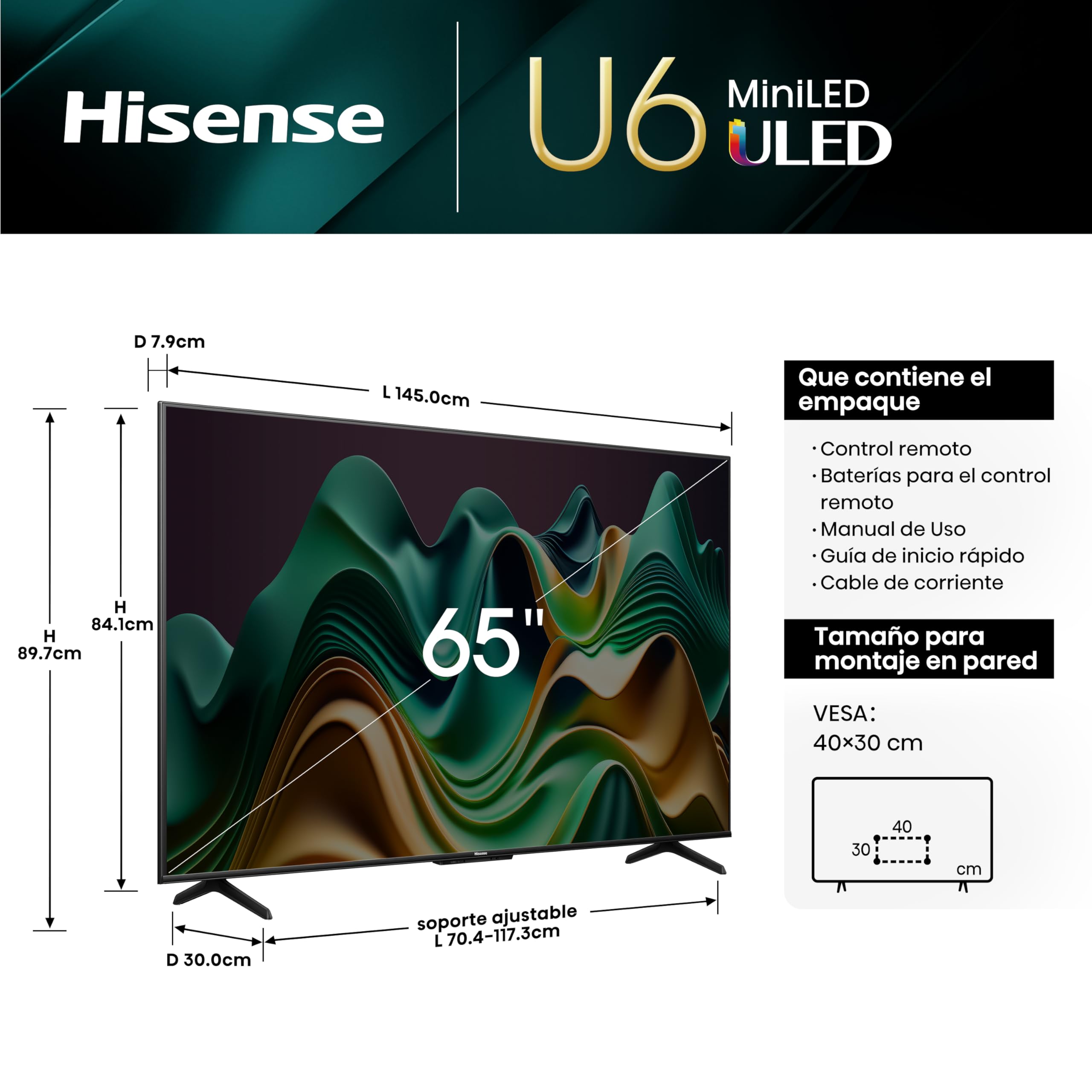 Hisense Television U6N Pantalla 65 Pulgadas,Mini-LED Smart Google TV UHD 4K,Control Remoto por Voz con Alexa,Hi-View Engine,Dolby Vision Atmos,Total HDR Solution, mira TV en Vivo sin Cable
