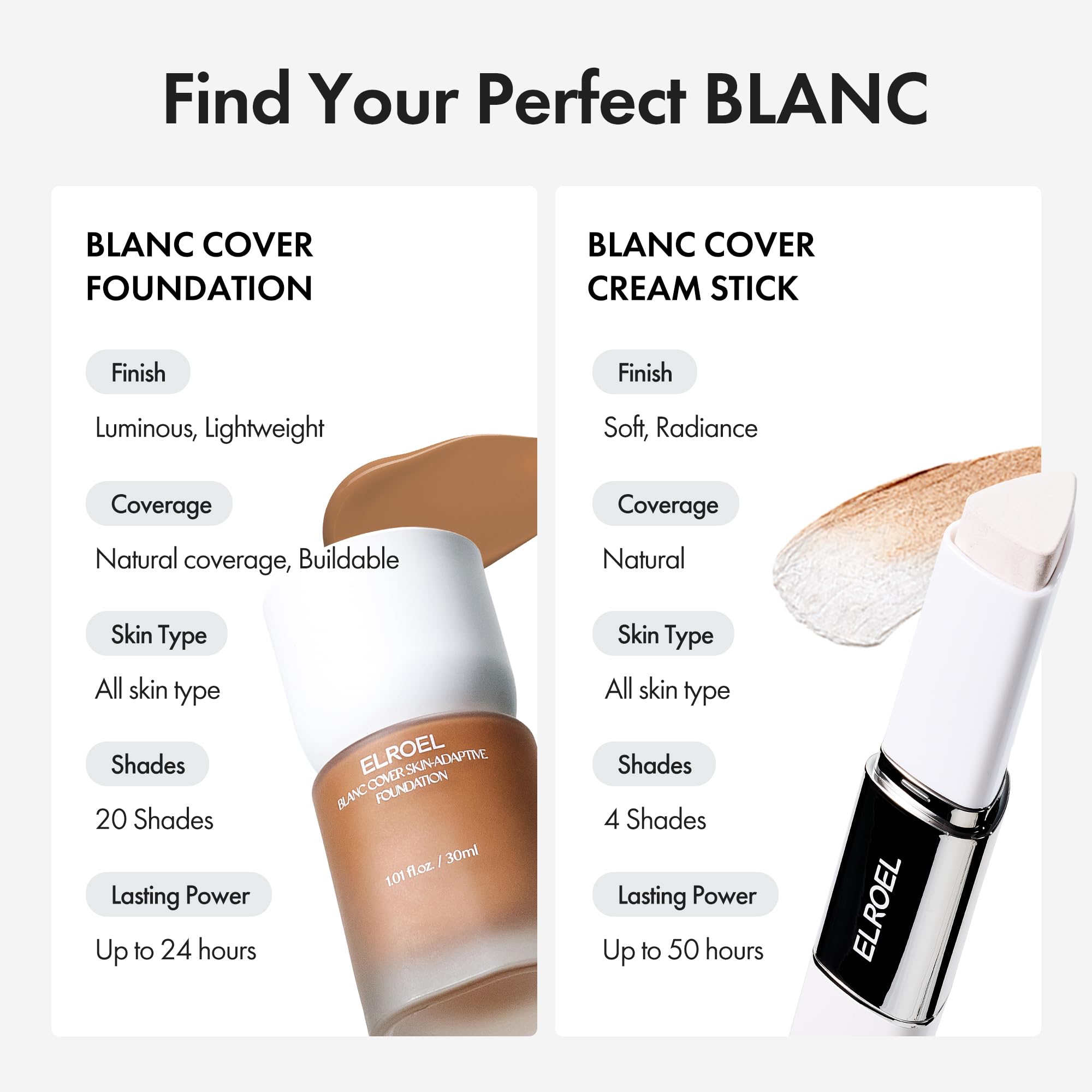 ELROEL BLANC Cover Cream Stick V – Base coreana que cambia de color con cepillo desmontable – Base de maquillaje de cobertura completa a media (203 medianas, 0.45 onzas)