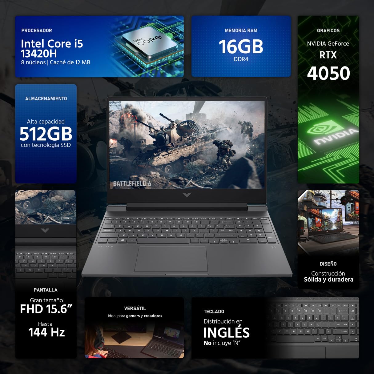 HP Laptop Gamer Victus NVIDIA GeForce RTX 4050 Intel Core i5 13420H 16GB 512GB SSD 15.6" Full HD 144Hz W11 Teclado Ingles Gaming Estable en Calidad Media