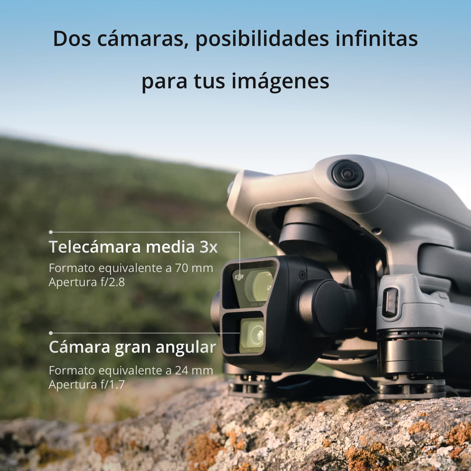 DJI Air 3 Pack Vuela Más con DJI RC 2 (control remoto con pantalla), dron con doble cámara 4K HDR con gran angular y teleobjetivo medio, 46 min de tiempo máx. de vuelo, 48 MP, O4, dos baterías adicionales