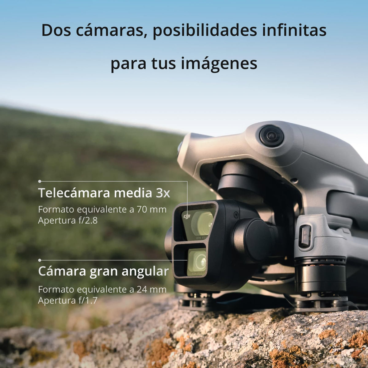 DJI Air 3 Pack Vuela Más con DJI RC 2 (control remoto con pantalla), dron con doble cámara 4K HDR con gran angular y teleobjetivo medio, 46 min de tiempo máx. de vuelo, 48 MP, O4, dos baterías adicionales