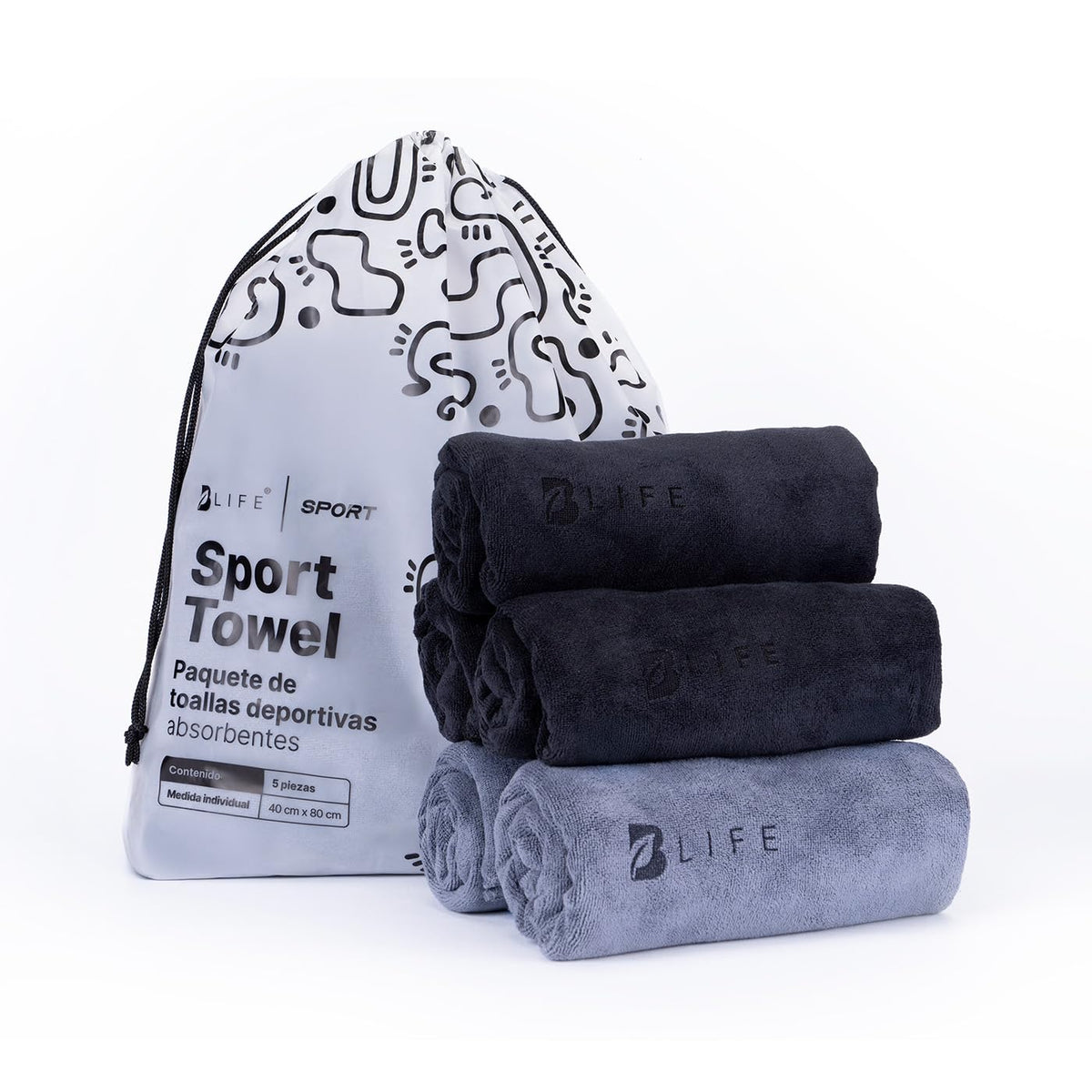 B Life | Toalla Deportiva Absorbente | Kit 5 Toallas Negro/Gris | Secado Rápido | Compacta y fácil de Transportar.