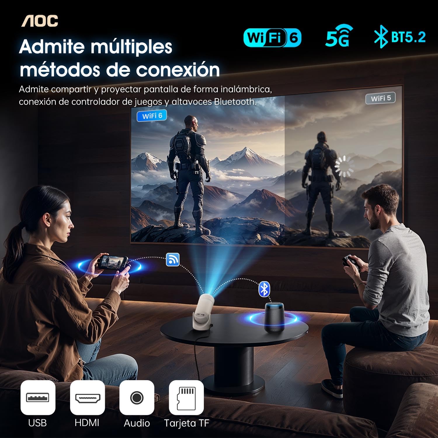 AOC Proyector portátil WiFi y Bluetooth, 4K Full HD, rotación de 180°, 8000 lúmenes, 220 ANSI, corrección Trapezoidal, para portátiles