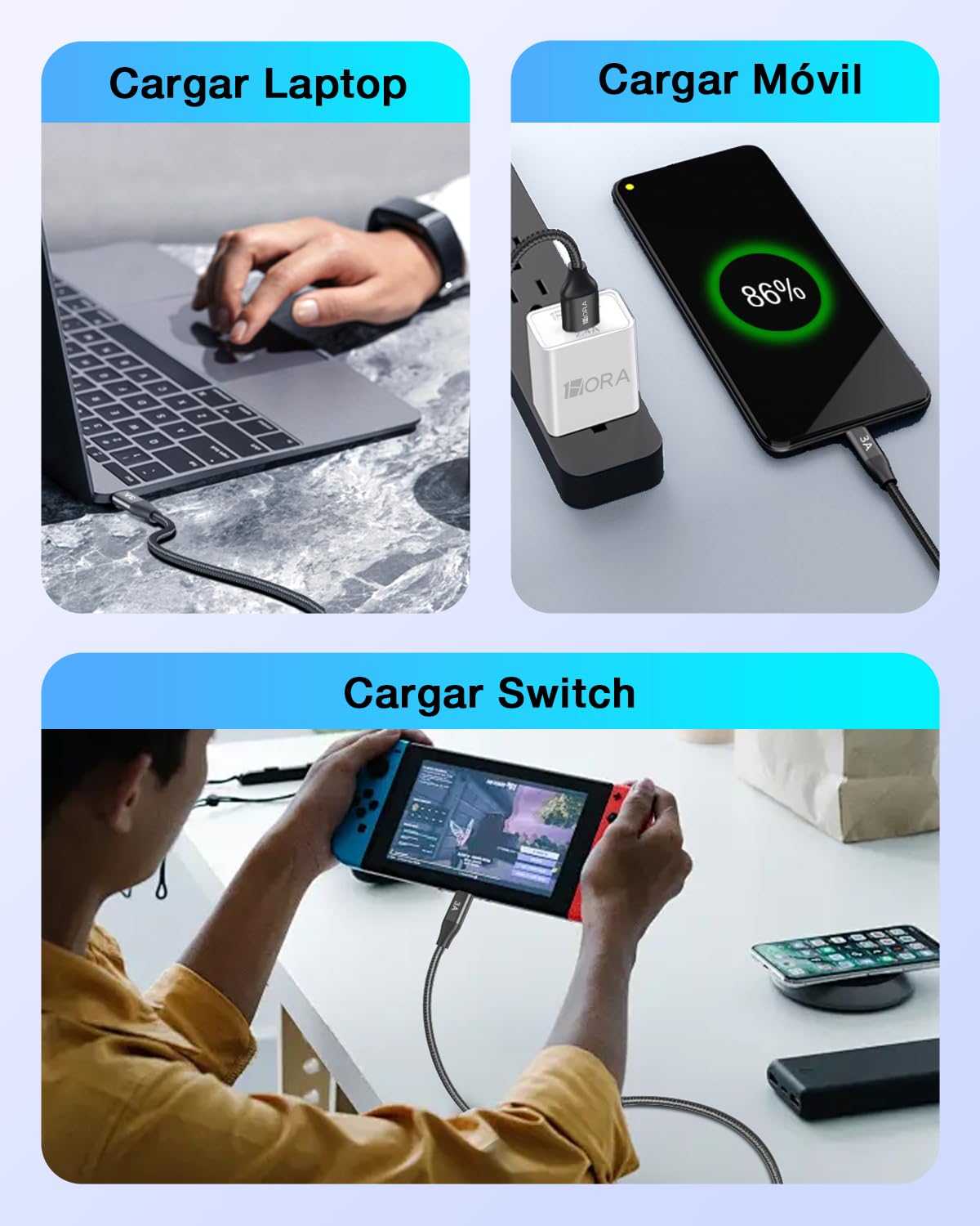 1 Hora 2M Cable USB C a USB A Carga Rápida 60W, Cable Tipo C 3A, Durable Nylon Tejido, Compatible con iPhone 15 Pro/15 Pro Max, Samsung Galaxy S23/S22/S21, OPPO Find X6 Pro, Motorola Edge 40 Pro
