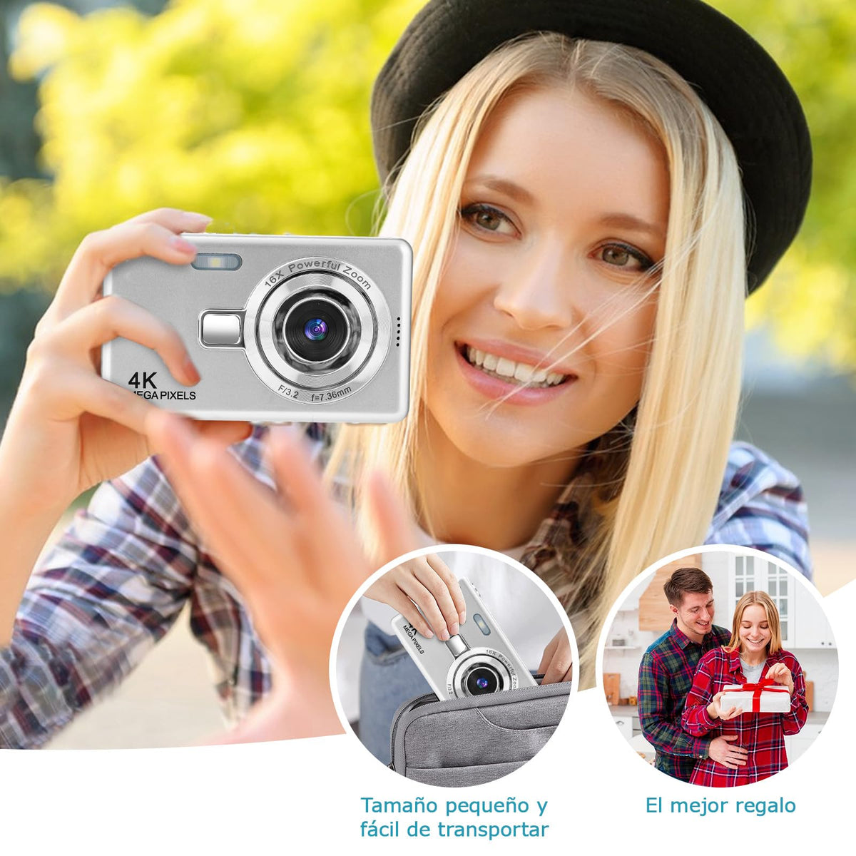 KOZFULE Cámara Digital, HD 1080P 50MP Vlogging, Camara Fotografica con Tarjeta 32GB, Enfoque Automático con Zoom 16X, Disparo Continuo, Pantalla IPS de 2.4'', Camara Regalo para Niños y Niñas