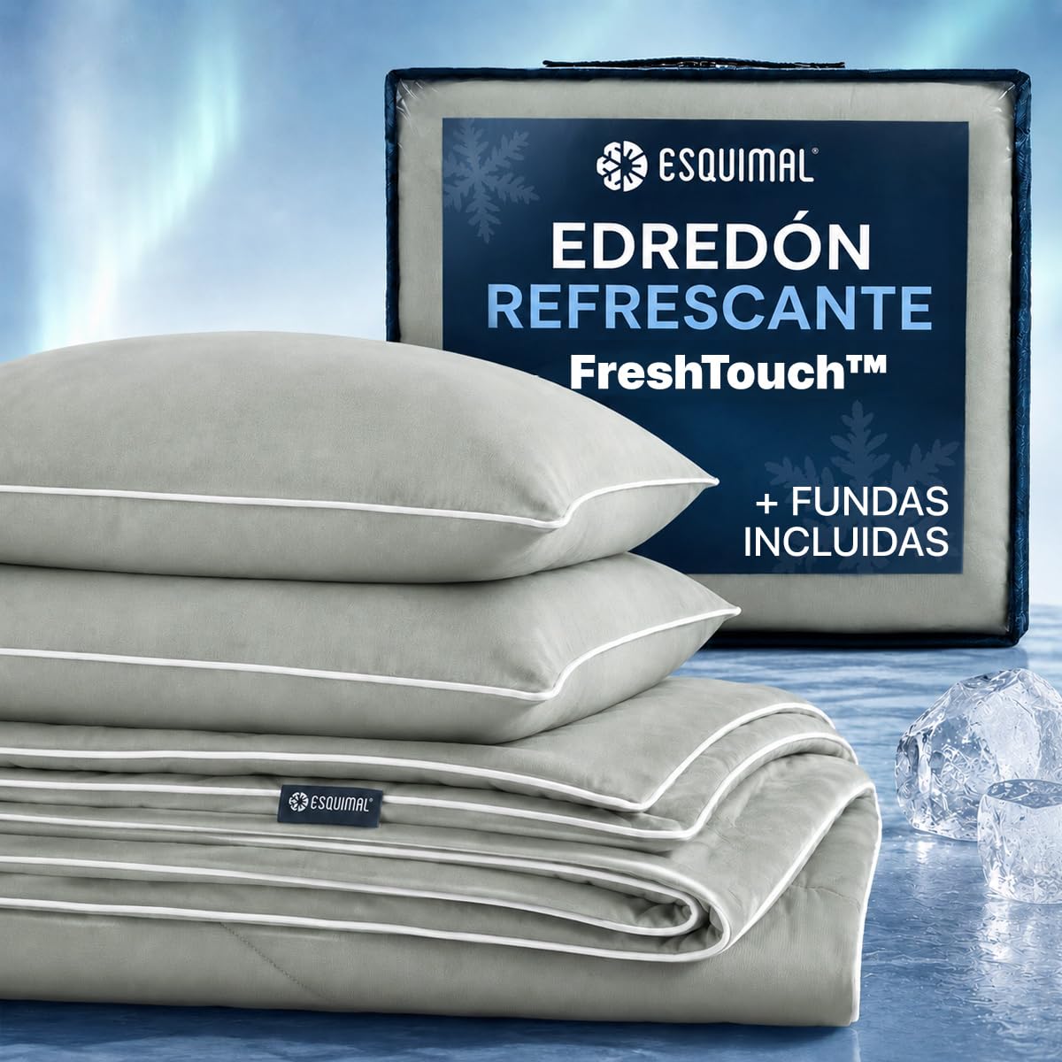 ESQUIMAL Cobija Refrescante FreshTouch + Fundas – Fría al Contacto, Ligera, Ideal para el Calor, Reduce 2-5°C, Certificado Oeko-Tex, Doble Vista (Verde, Matrimonial)