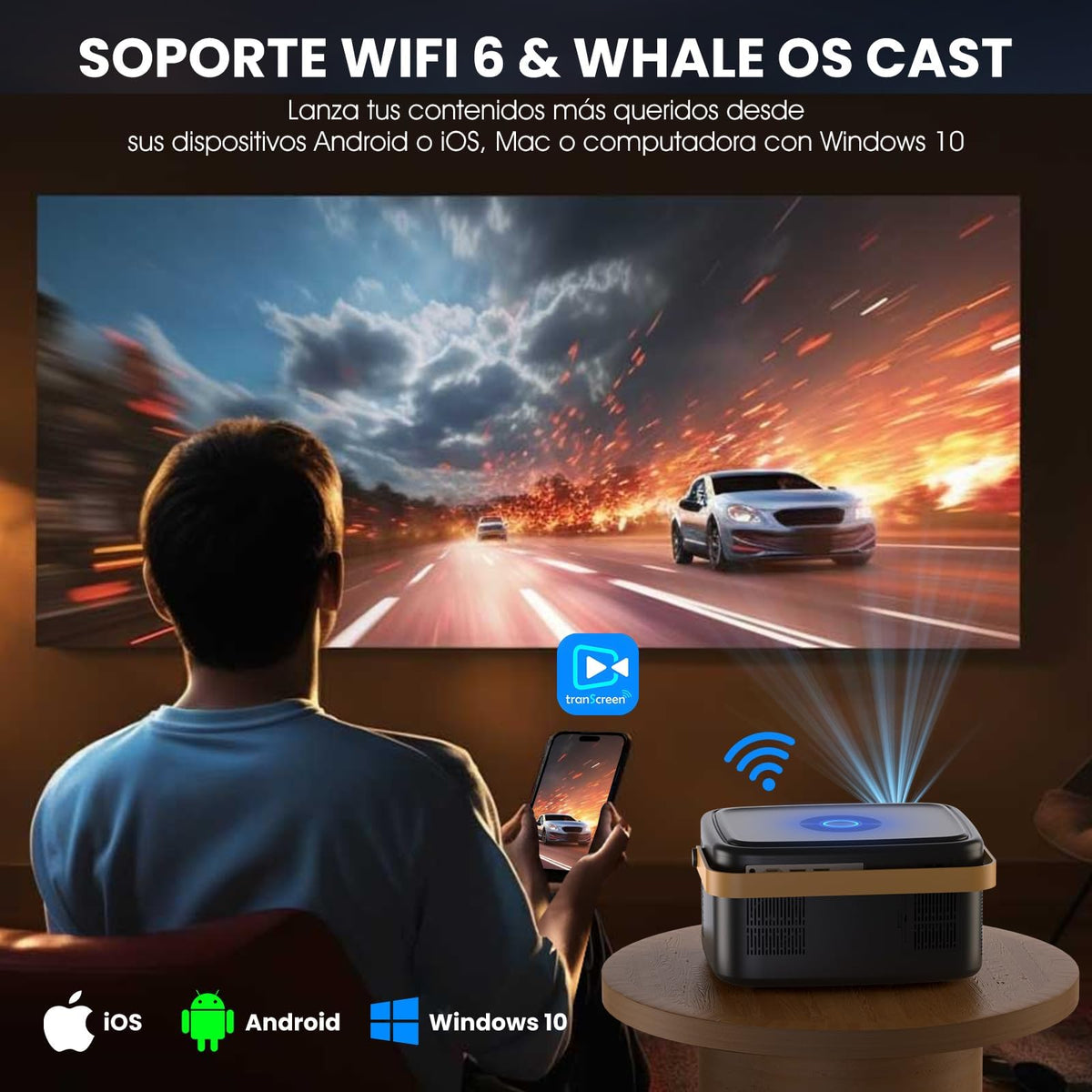 AOSO Proyector 4K 500ANSI, Portátil Proyectors para Cine en Casa con Sistema Android11, WiFi 6 & Bluetooth 5.2, 1080p Nativo, Compatible con Netflix y 10,000+ Apps, Ldeal para Ver Copa Mundial