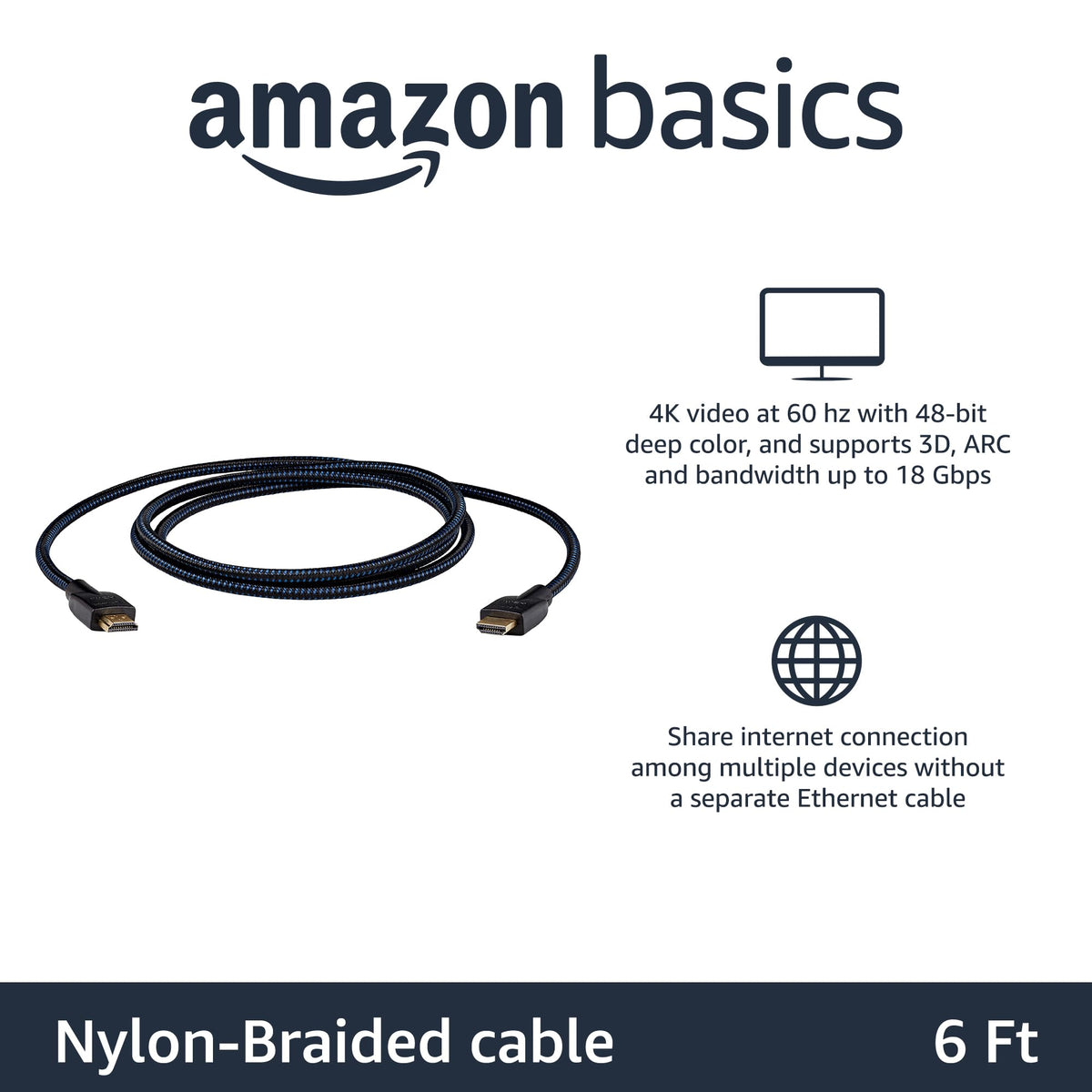 Amazon Basics - Cable HDMI de alta velocidad (18 Gbps, 4 K/60 Hz), 6 pies, trenzado de nailon