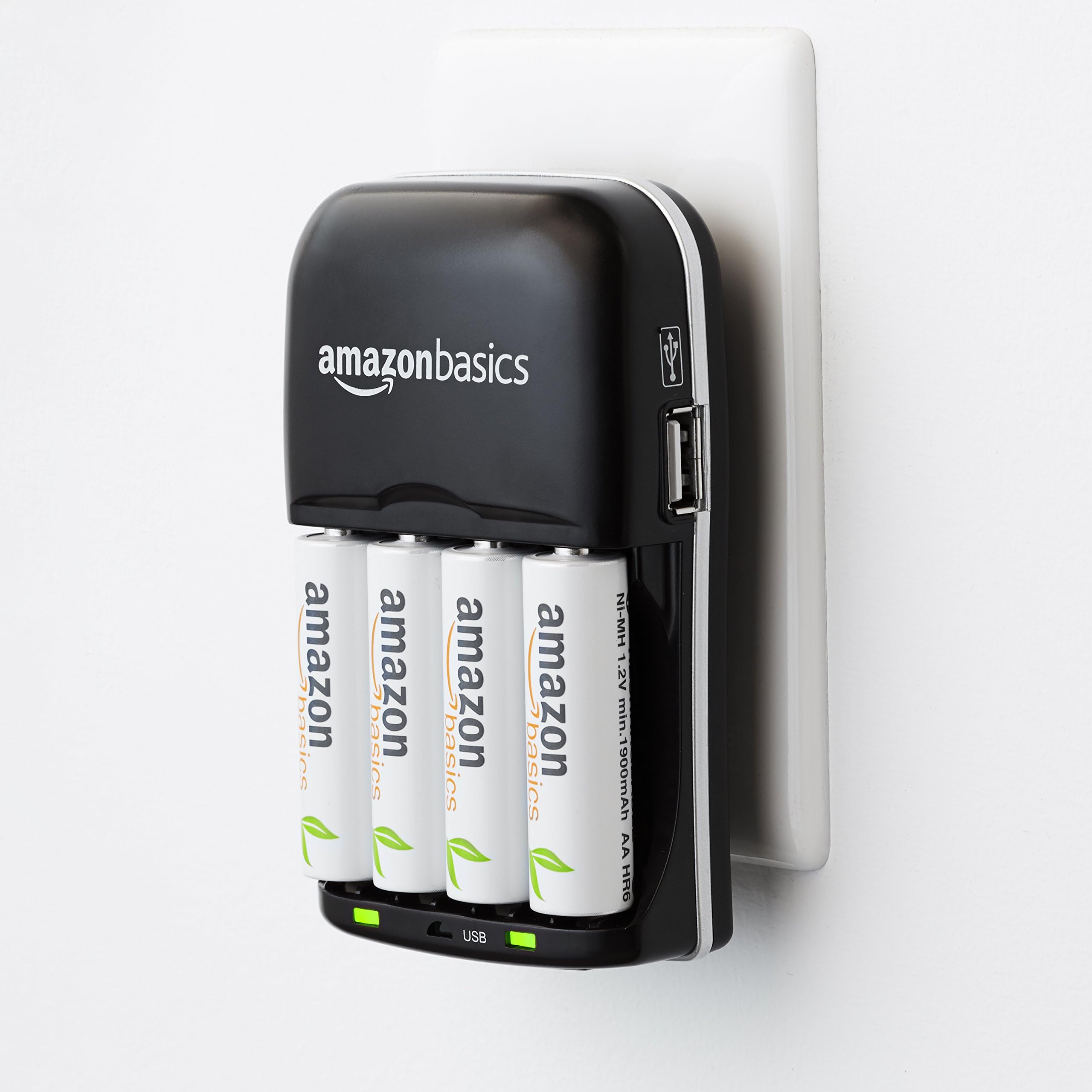 Amazon Basics - Cargador de batería recargable para pilas AA y AAA de hidruro de níquel-metal (NiMH) con puerto de carga USB, color negro