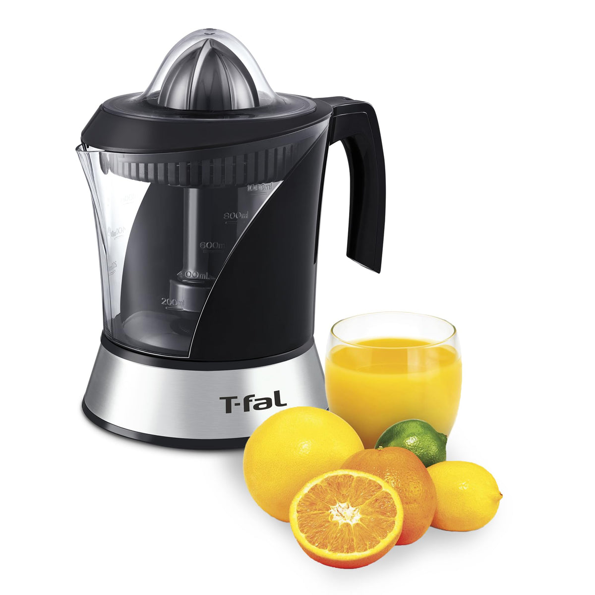 T-fal Exprimidor de Jugo Power Press cuenta con 2 conos removibles y una Jarra de 1 litro con un motor de 40 W de potencia, una gran opción para hacer jugos, Negro e Inoxidable, ZP200855