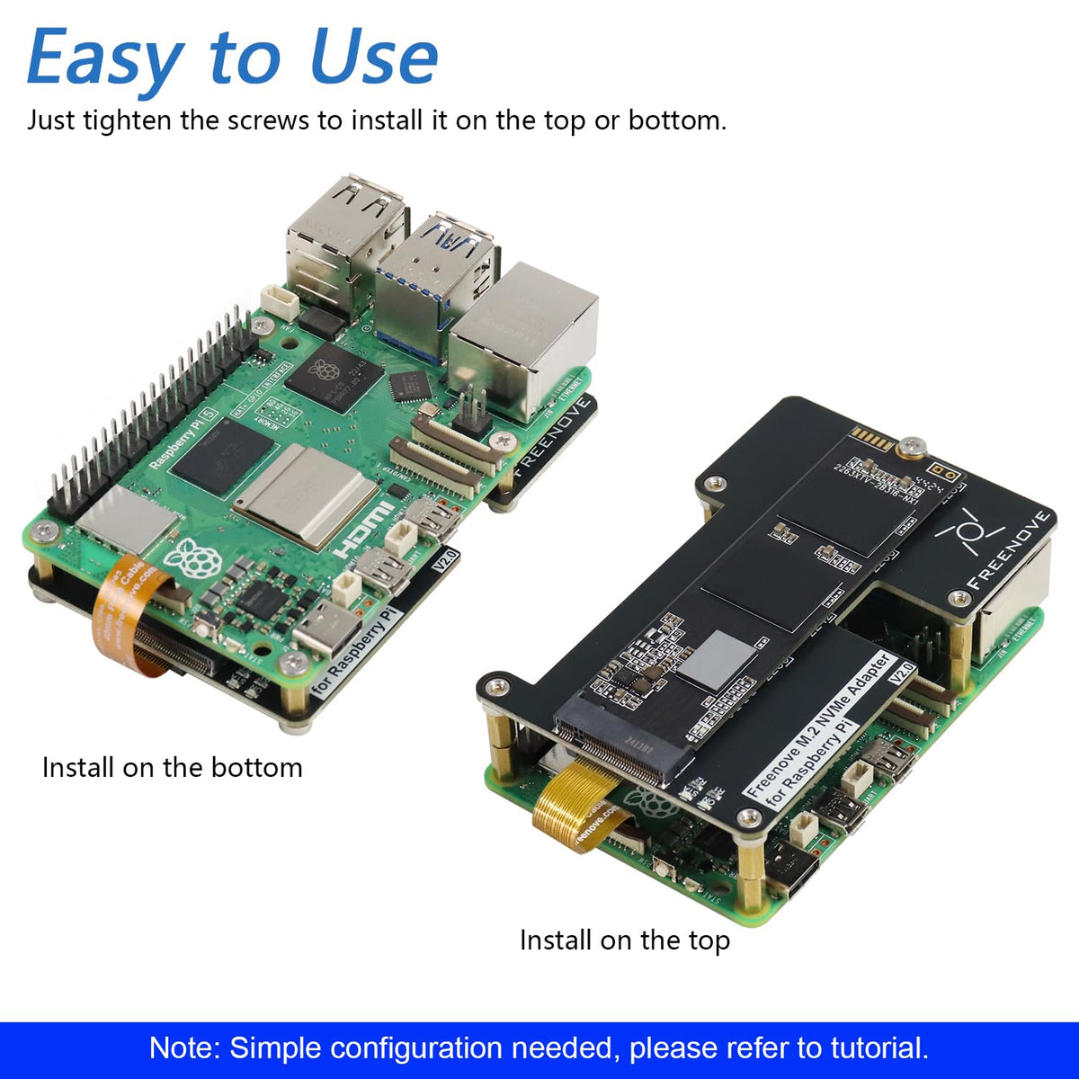 Freenove M.2 NVMe - Adaptador V2 para Raspberry Pi 5 (sin SSD), M.2 HAT Add-on Board (unidad de estado sólido) tamaño 2230 2242 2260 2280, PCIe 2.0/3.0, velocidad máxima 1231 MB/s