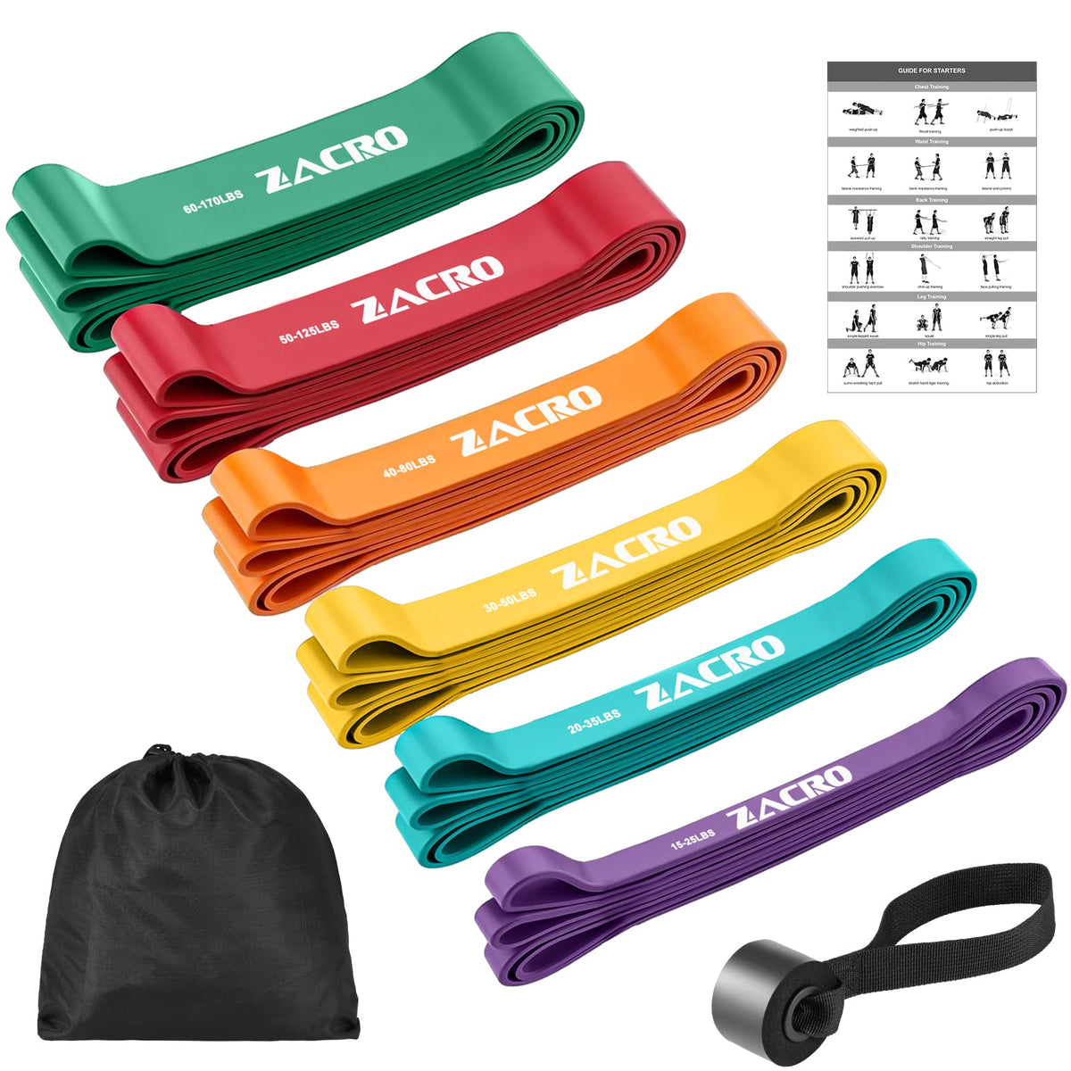 Zacro Ligas de Resistencia para Ejercicio 6PCS (Látex 100% Natural), Bandas Elásticas para Ejercicio, Fuerte Bandas de Resistencia para Pull Up & Crossfit con Ancla de Puerta, póster y Bolsa