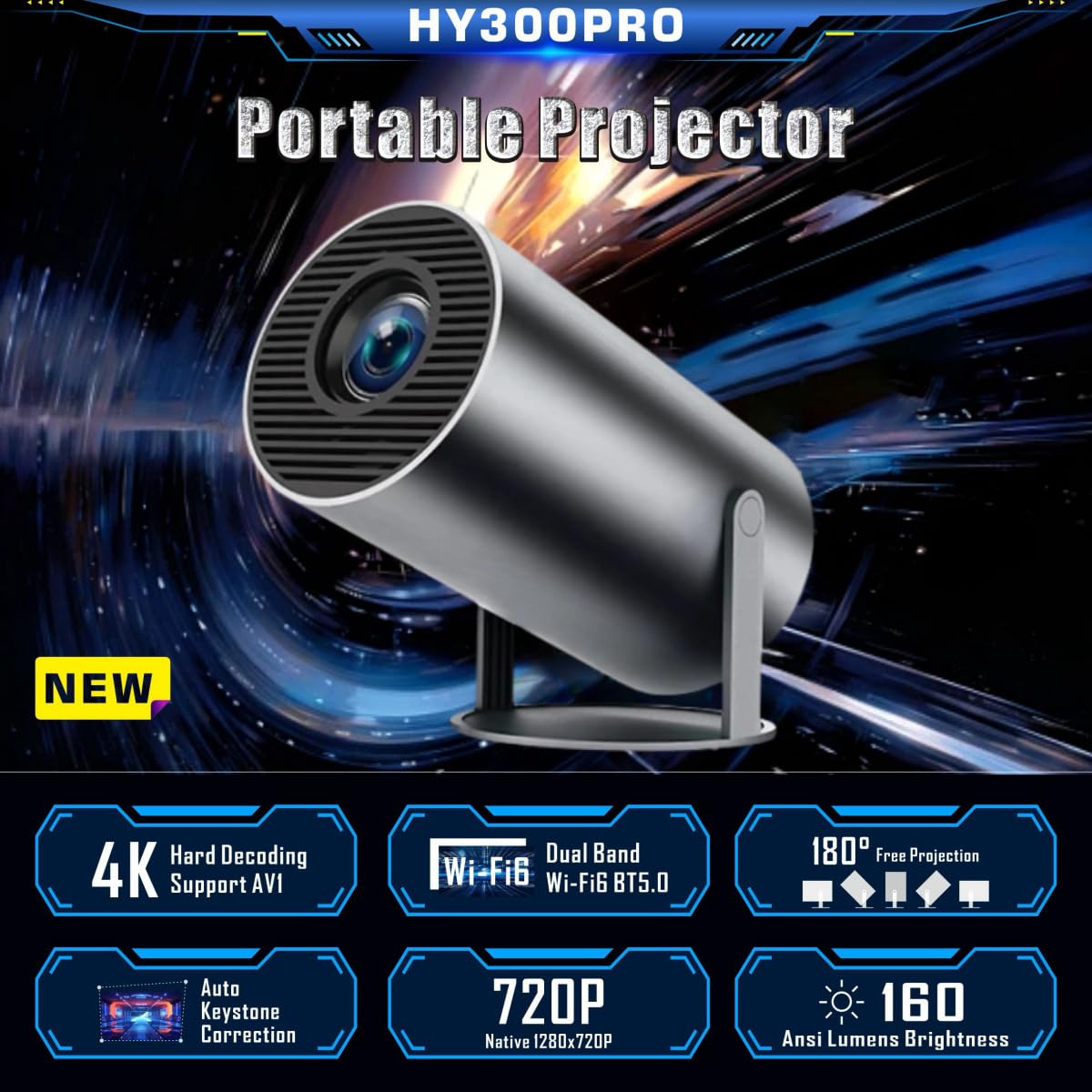 KUNEM Mini Proyector Portátil 4K, 250 ANSI/10000 Lúmenes, WiFi 6 y BT 5.2, Sistema Android 13 Integrado Corrección Trapezoidal Automática Rotación de Imagen 270°, Compatible con HDMI/iOS/Phone/PC/PS.