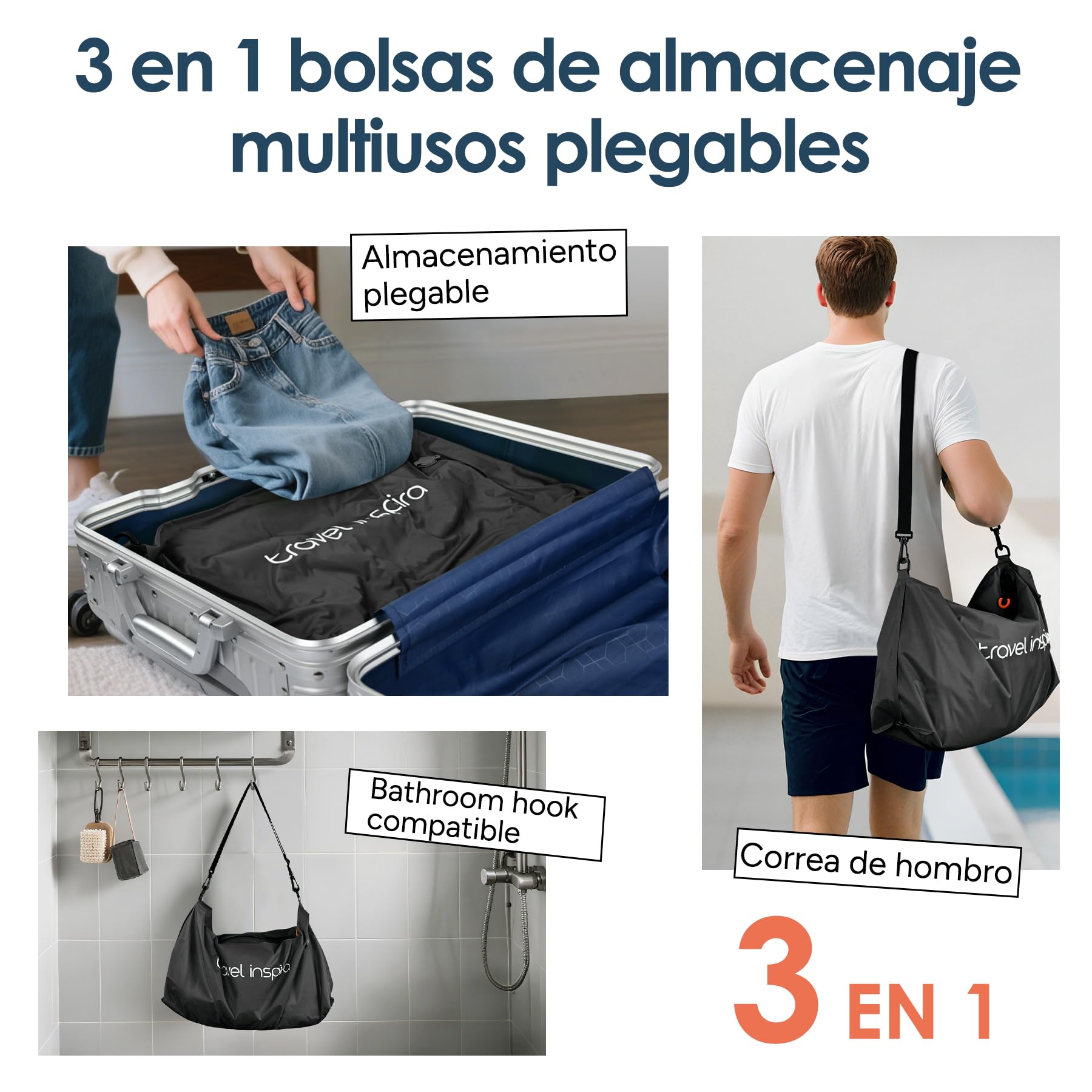 Travel Inspira Set de 2 Bolsas de Vacío para Viaje con Bomba Eléctrica, Organizador 3 en 1 Impermeable IP67 y Correa Ajustable, Ahorra Espacio en Maleta y Mochila, 22L (Negro 2 Pieza + Bomba)