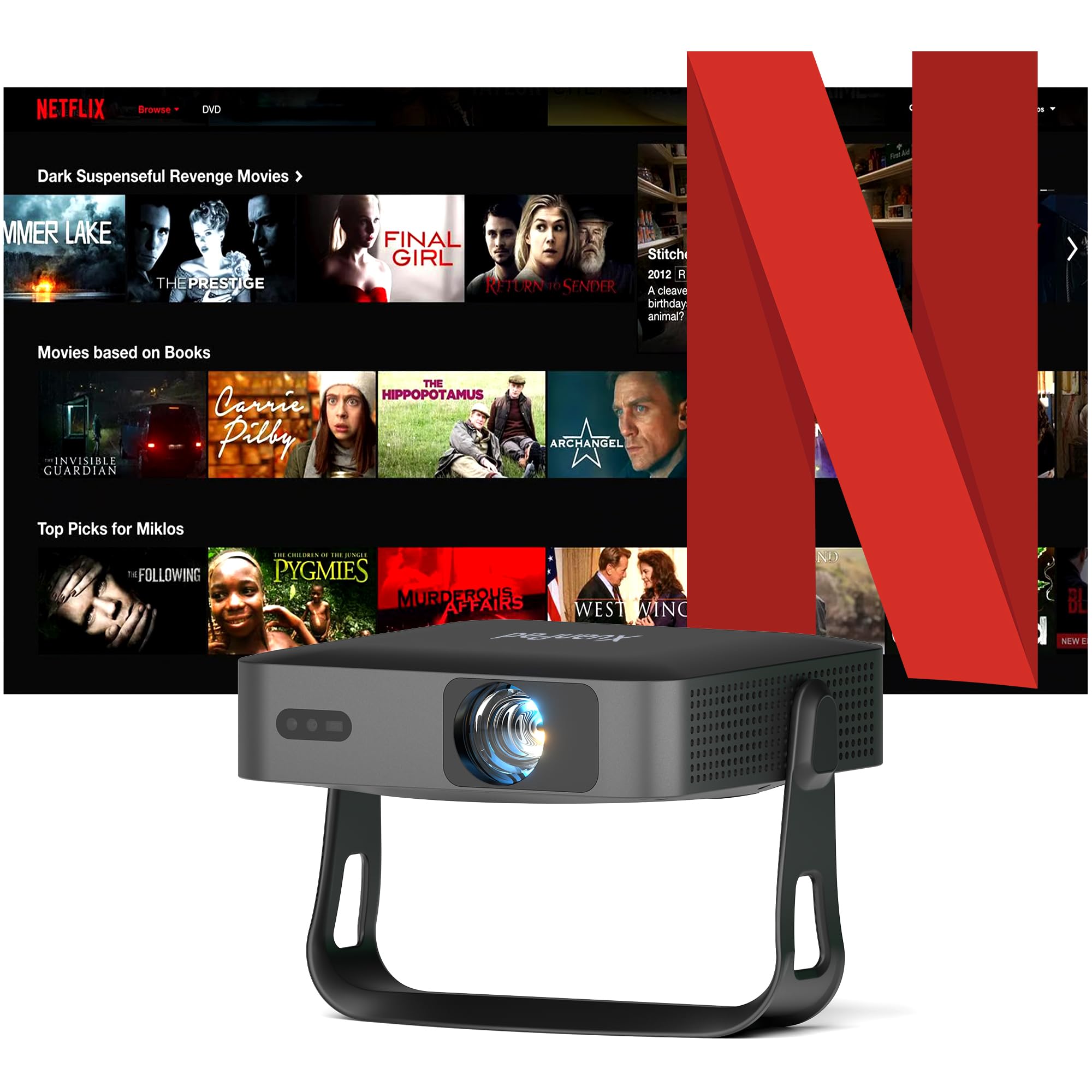 XuanPad 【Compatible with Netflix】 Black Mini Proyector Portatil 4K con Auto Enfoque/Keystone, Smart Proyector 600ANSI 1080P Full HD WiFi6 Bluetooth Projector para Movil/Exterior/Cine en Casa