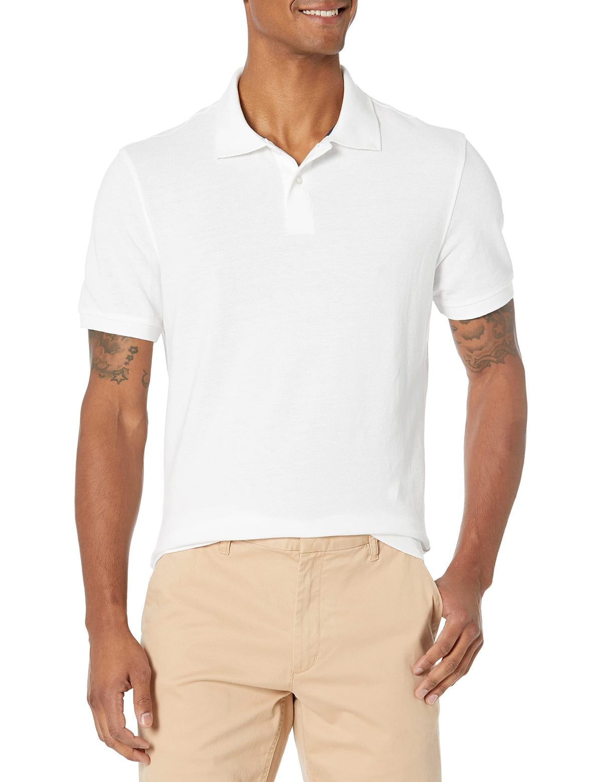 Amazon Essentials - Polo de piqué de algodón ajustado para hombre, color blanco, talla M