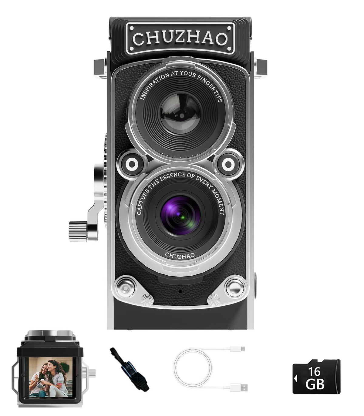 CHUZHAO - Mini cámara digital clásico, estilo TLR portátil con punta y disparo, bolsillo pequeño compacto 1080P FHD Video 12MP Autofocus Vlogging Cámara con tarjeta de 16 GB para principiantes,
