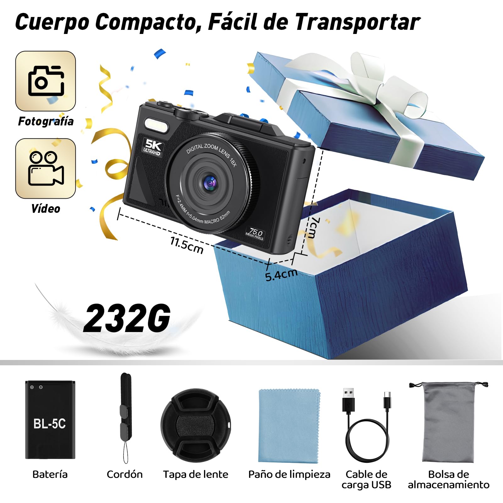 Camara Digital 5K Ultra HD, Camara Fotografica 75 MP, Cámara de Vlogueo Admite [WiFi y APP], Pantalla Giratoria 180° de 3 Pulgadas, Enfoque Automático 18X, Cámara para Viajes, Fotografía(nergo)