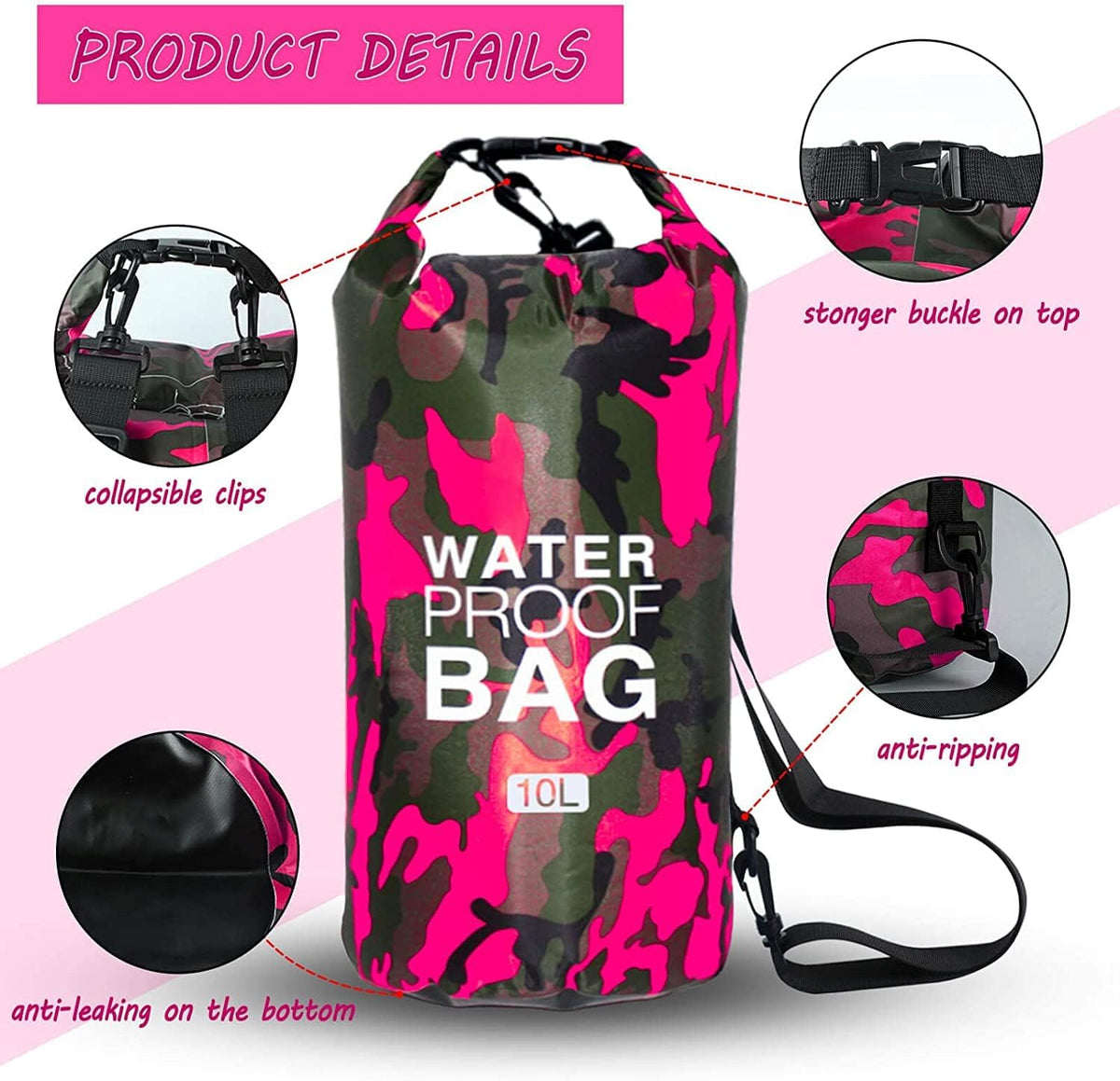 Bolsa Impermeable,Dry Bag 10l 20l 30l con Correa de Hombro Ajustable,Bolsa Estanca Impermeable para Kayak,Rafting,Natación, mochila impermeable para senderismo y deportes acuáticos. (Rosa roja, 10L)