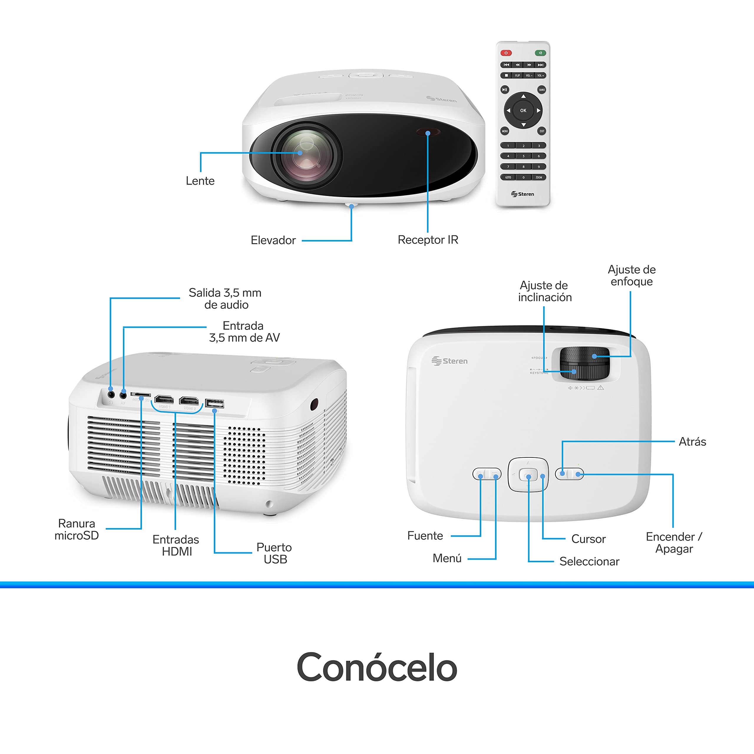 STEREN PRO-400 Proyector Multimedia Full HD de 9 000 lúmenes 280 ANSI Lumen portátil, proyección hasta 200”, con Control Remoto, 2 entradas HDMI, 1 Entrada AV 3,5 mm, 1 Entrada USB,1 Entrada microSD