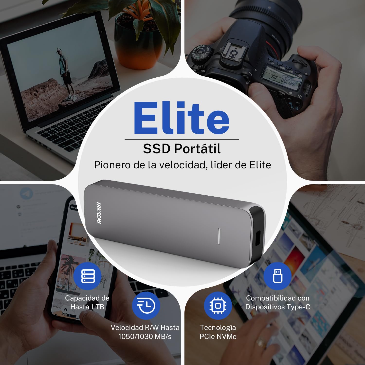 HIKSEMI SSD Externo Portable, Elite [Nueva Generación], 1T, 1024GB, Lectura: 1050MB/s y Escritura:1030 MB/s, Compatible con Windows/Mac/Android 4.4+, USB 3.2, Gen2 Type-C