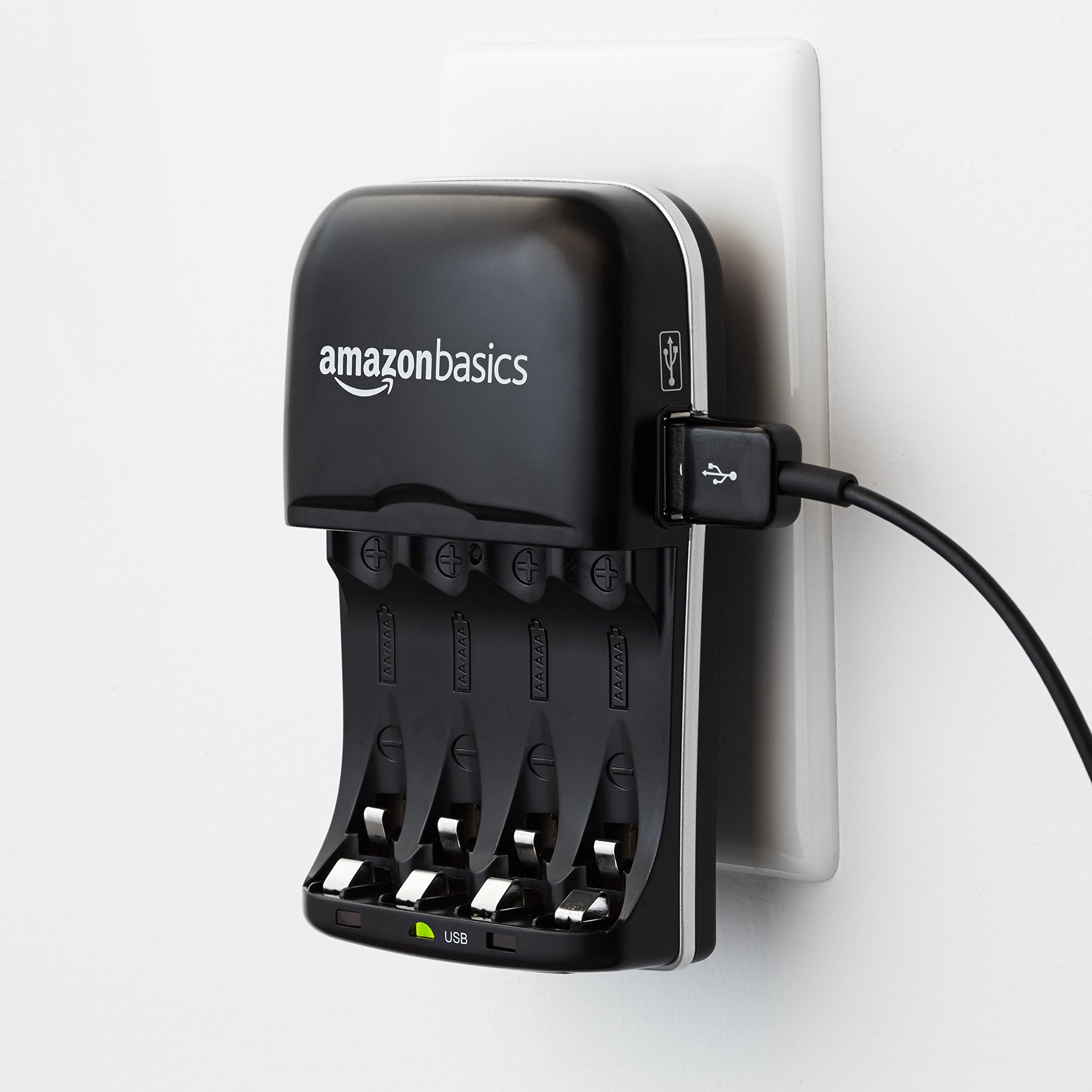 Amazon Basics - Cargador de batería recargable para pilas AA y AAA de hidruro de níquel-metal (NiMH) con puerto de carga USB, color negro