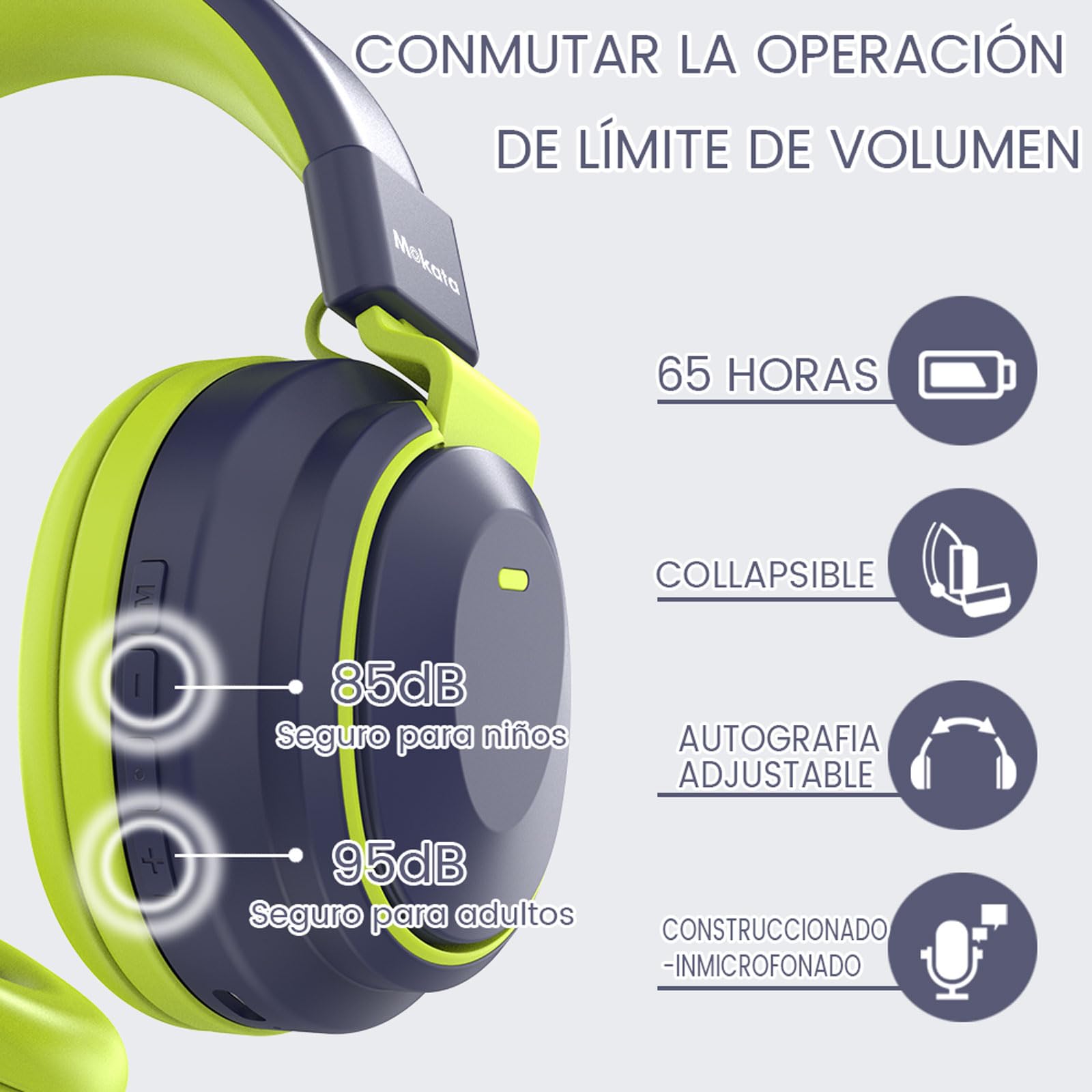 Auriculares para niños, Bluetooth 5.3, inalámbricos, 68 horas, volumen limitado, 85/96 dB, plegables con cable, micrófono auxiliar para iPad, portátil, niño, niña, viajes (Aurora Boreal Mexicana)
